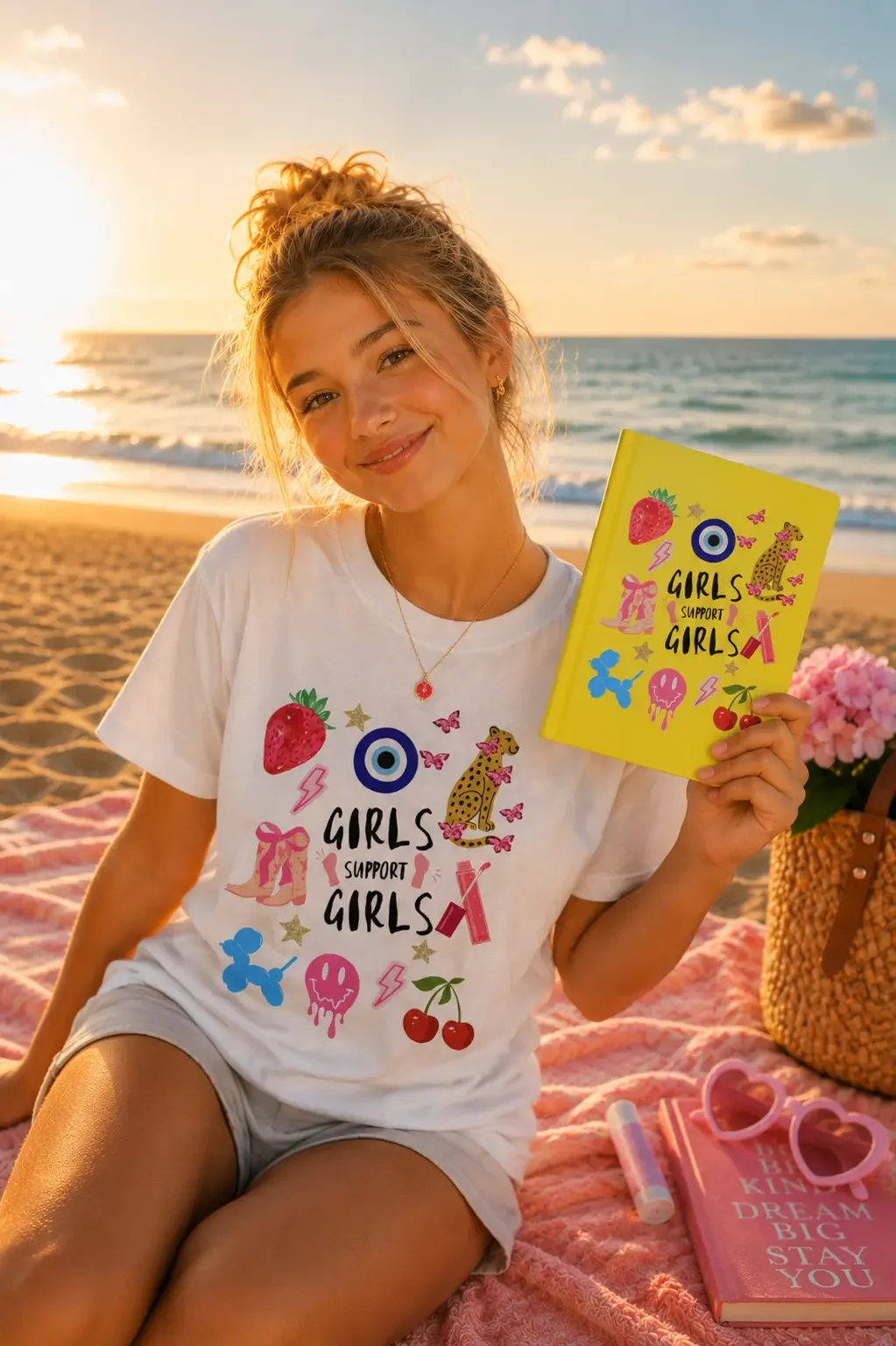 Smiling woman with a hair bun sitting on a beach blanket at sunset, wearing a matching t-shirt and holding a yellow preppy notebook.