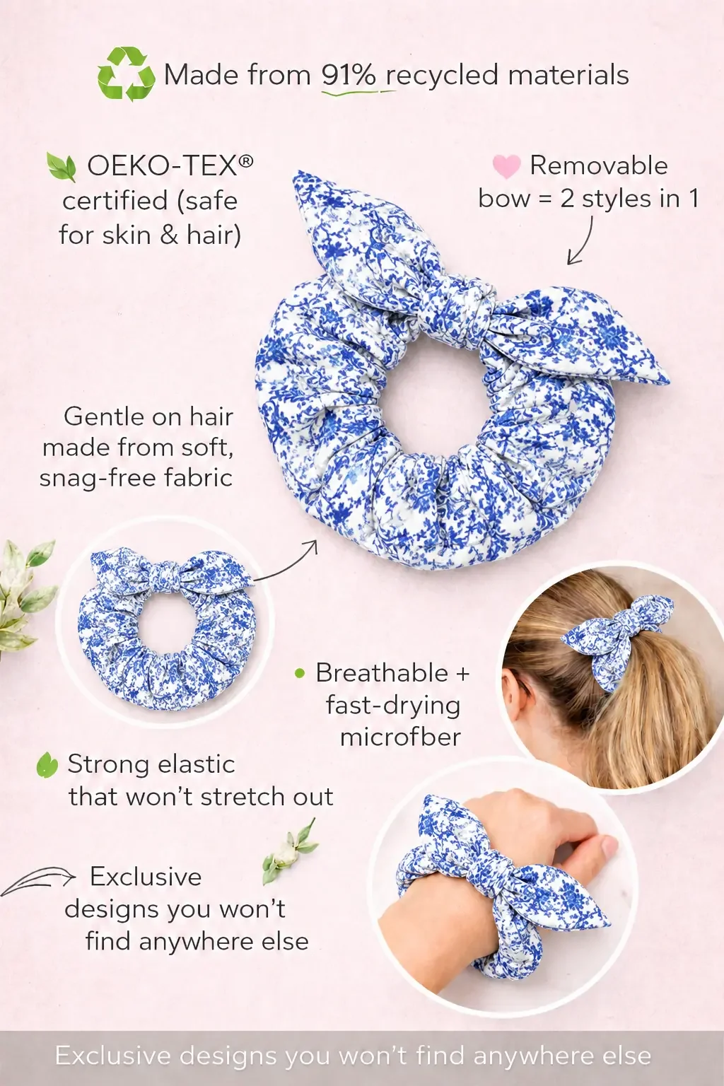 Sustainable blue floral bow scrunchie infographic highlighting OEKO-TEX certified, snag-free microfiber fabric.