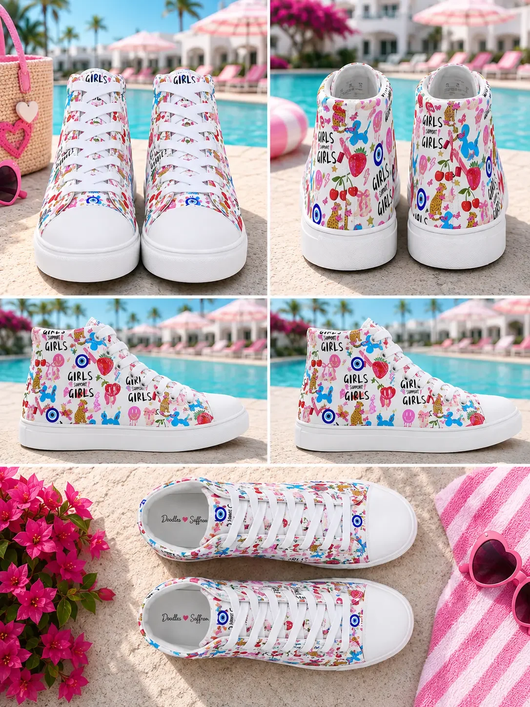 Collage showing five product views of white high-top canvas sneakers with a colorful graphic print design by a resort pool.