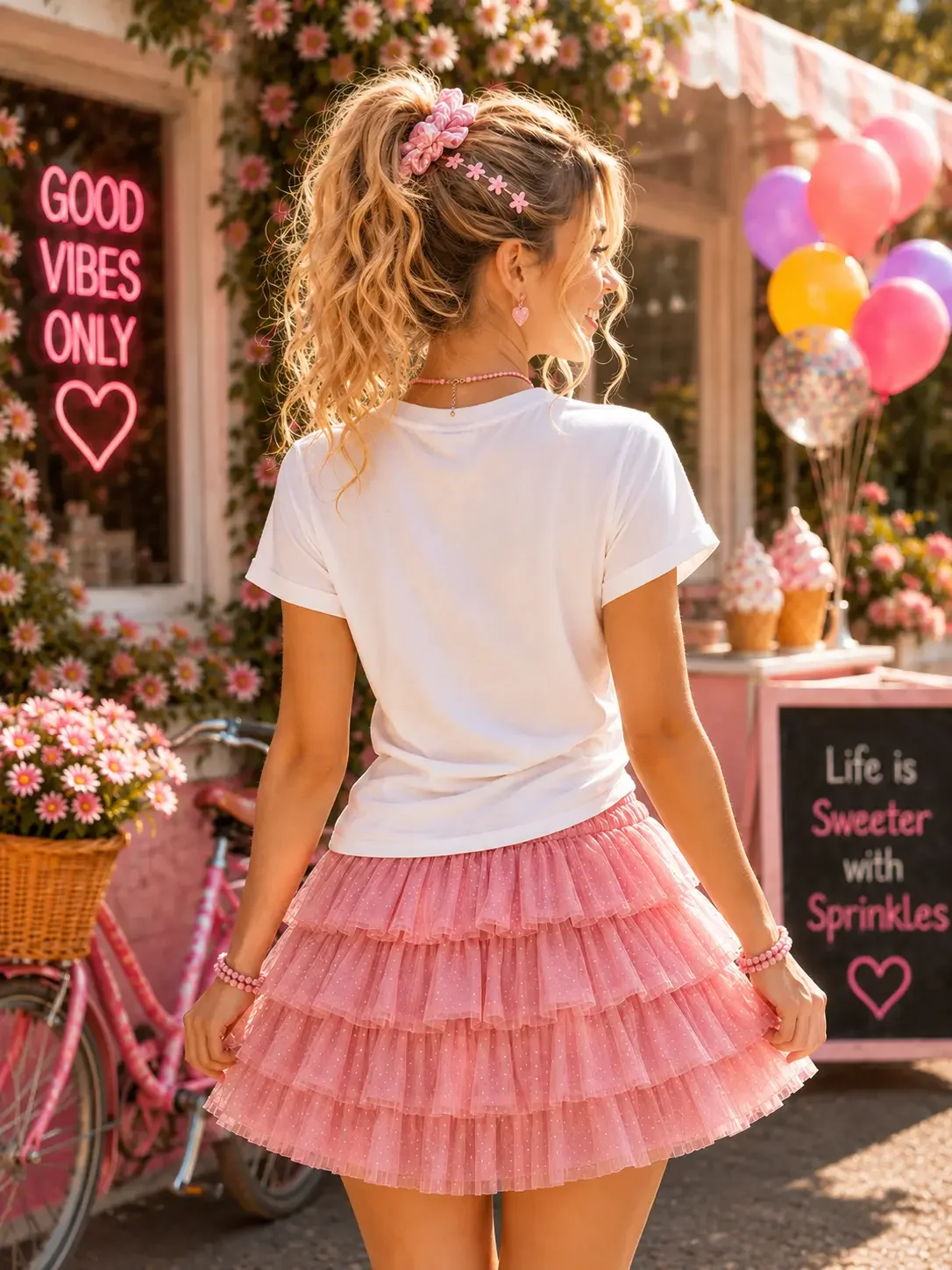 Back view of a plain white t-shirt and pink tiered ruffle skirt on a woman with a high wavy ponytail outside a shop.