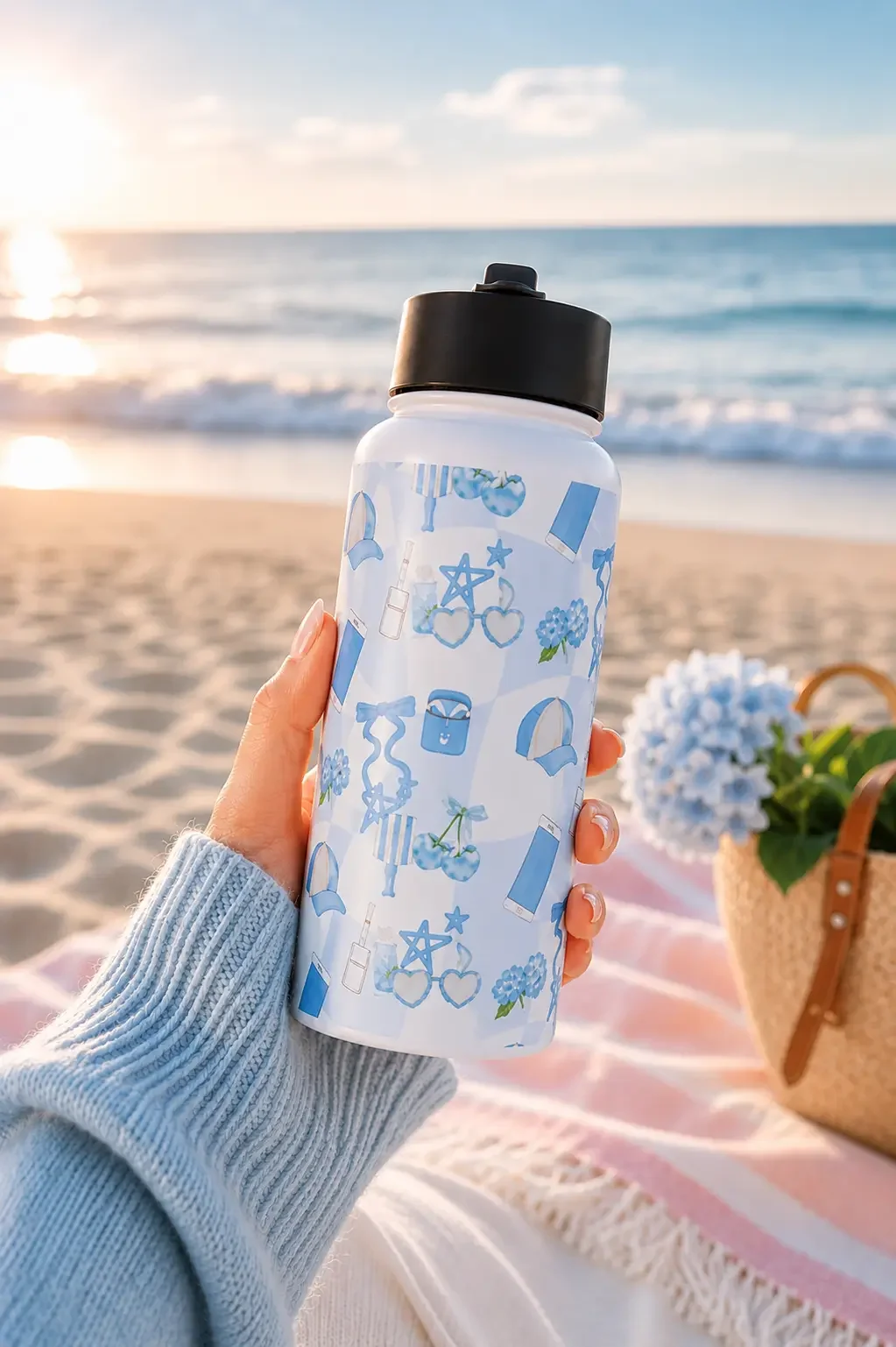 A hand holding a light blue coquette print water bottle on a sandy beach next to a basket of hydrangeas.