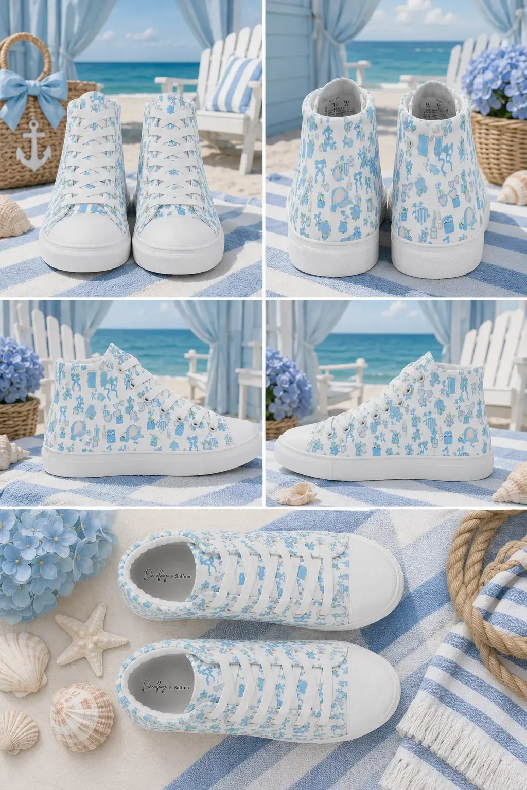 A multi-angle grid collage showcasing blue coastal charm print high-top canvas sneakers from five different beach perspectives.