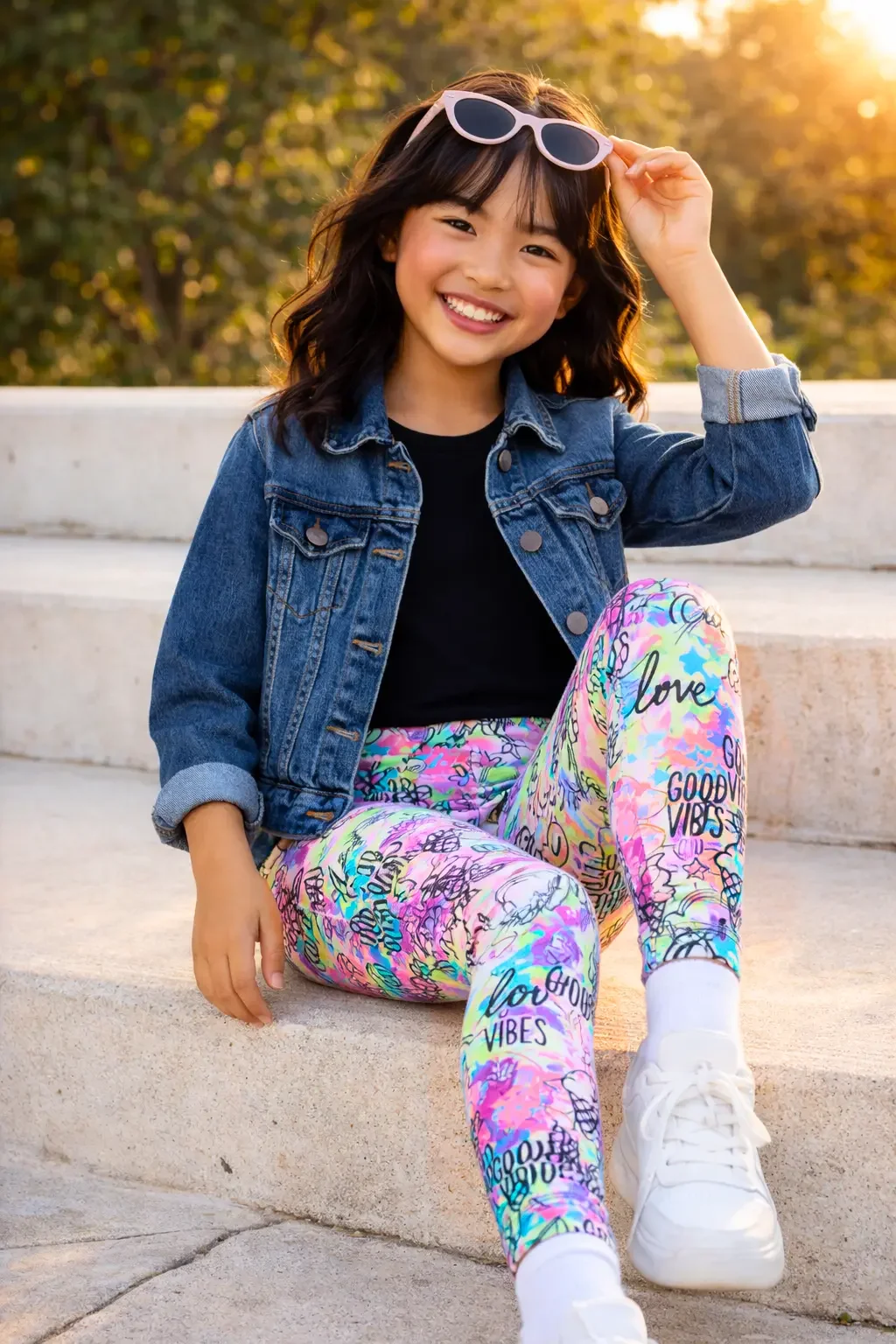 A three-quarter view of a girl sitting on concrete stairs wearing vibrant graffiti-style activewear leggings with "Good Vibes" and "Love" doodle graphics.