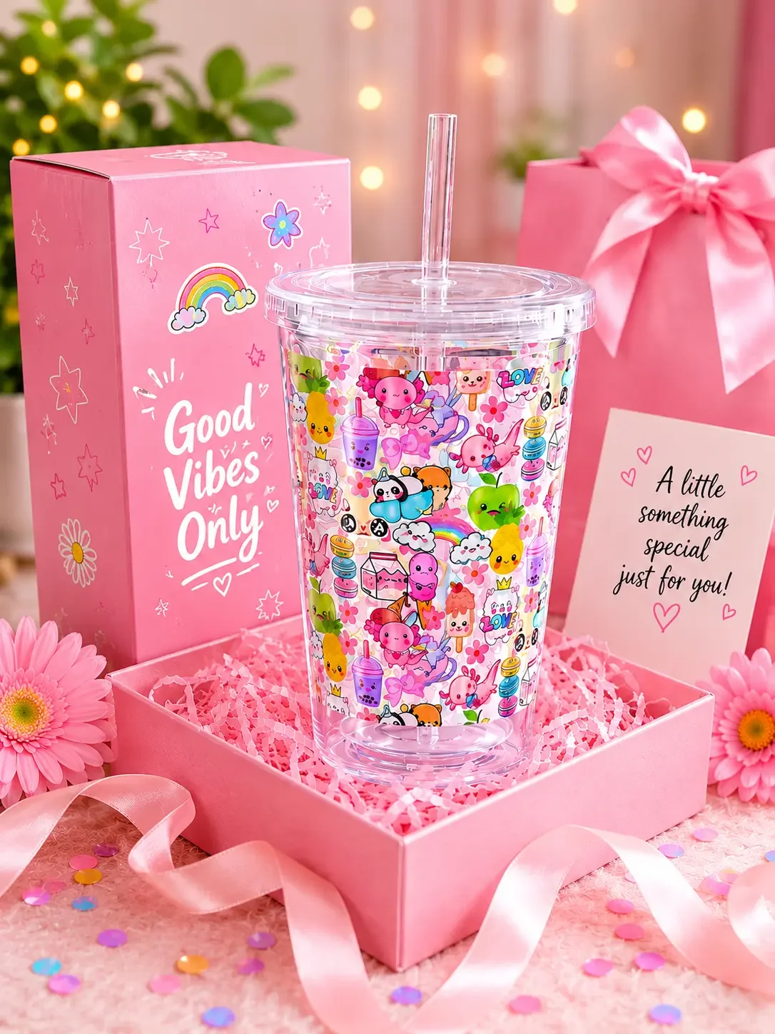 A cute kawaii doodle tumbler packaged inside an open pink gift box surrounded by confetti and daisies.