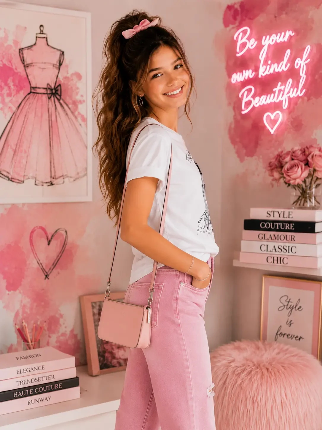 Side view of a smiling woman in a white fashion sketch t-shirt and pink jeans, wearing a pink crossbody purse.