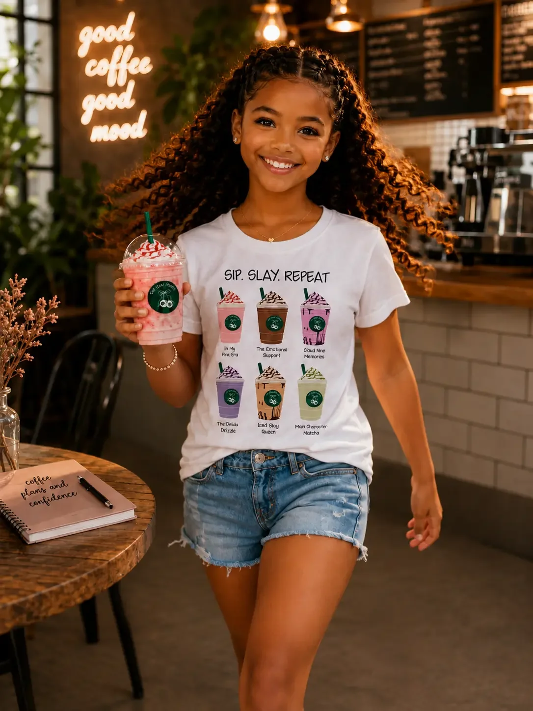 Smiling woman with curly hair walking in a cafe wearing a white Sip Slay Repeat graphic shirt and distressed denim shorts.