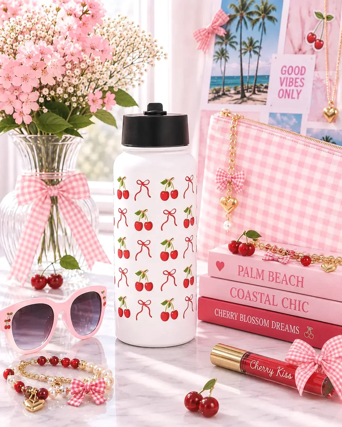 A cherry pattern water bottle sits near pink flowers, sunglasses, stacked books, and a pink gingham pouch.