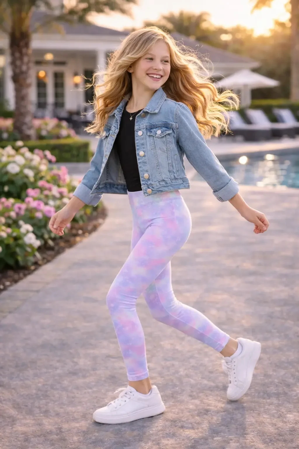 Front three-quarter view of girls activewear leggings featuring a pastel purple and pink tie-dye galaxy star pattern, showing a stretchy full-length fit.