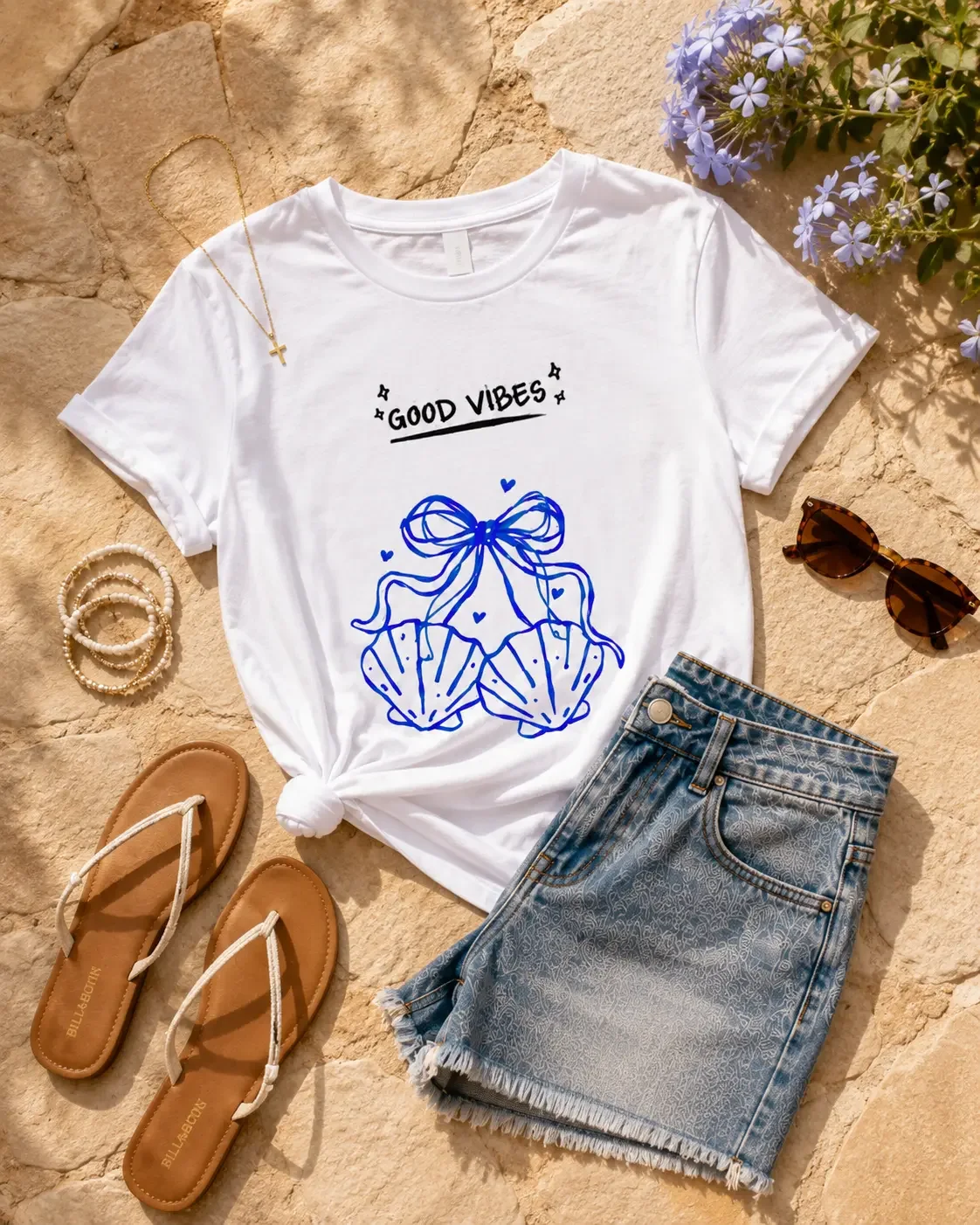 good-vibes-seashell-bow-white-tee-flat-lay.webp