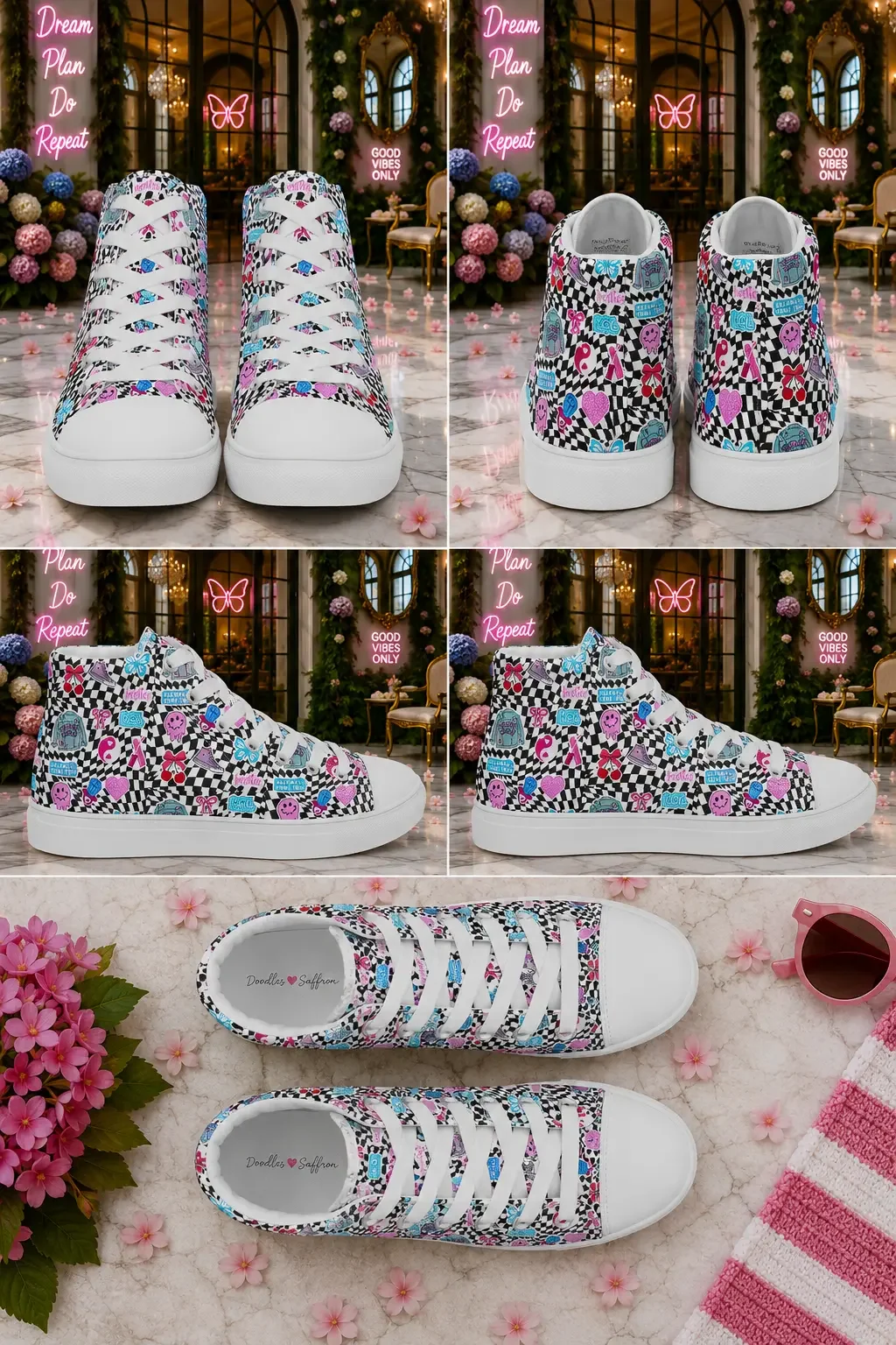 Collage showing five product views of black and white checkered canvas high-top sneakers with colorful sticker doodles.