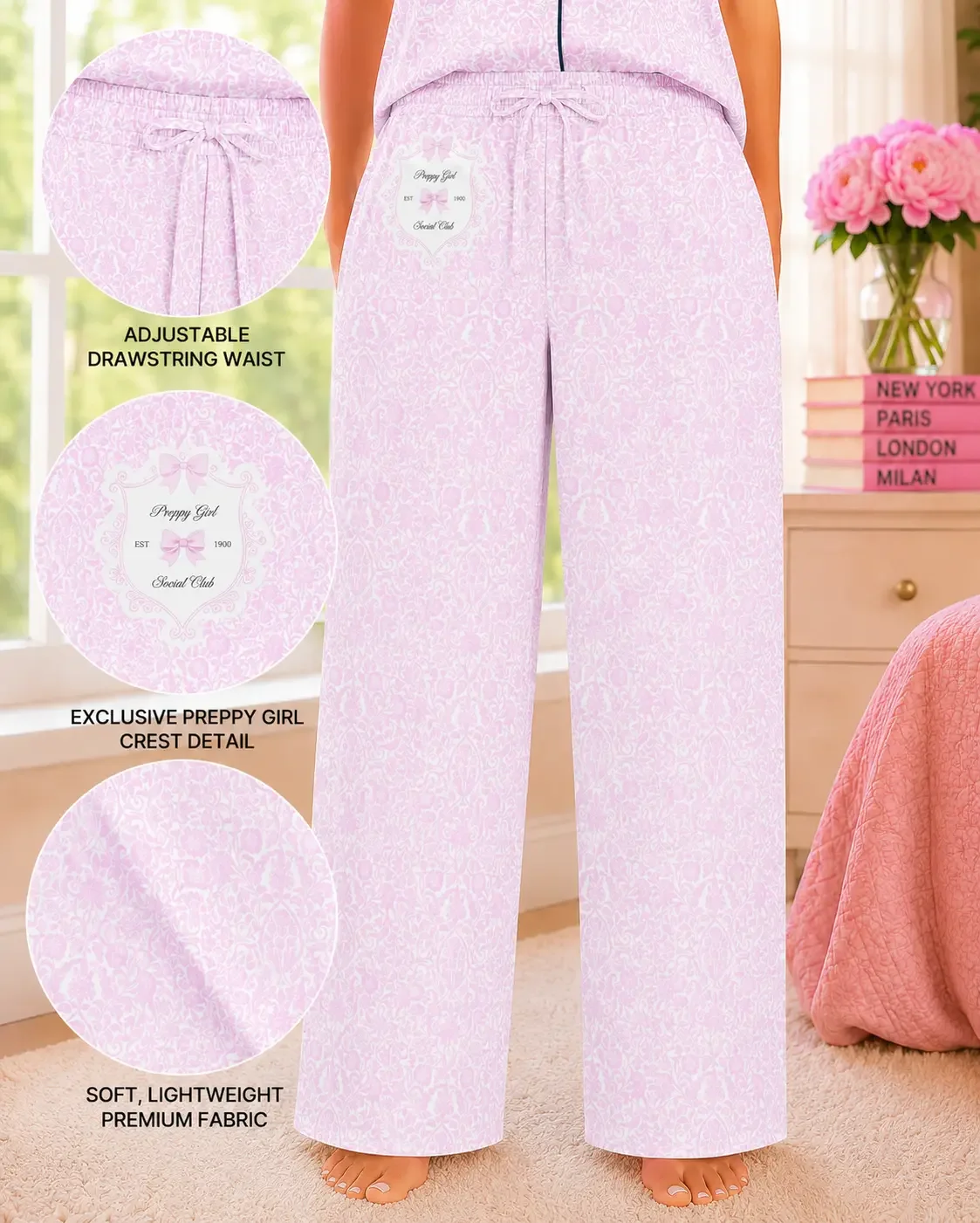 Pink preppy pajama pants infographic showcasing premium lightweight fabric, drawstring waist, and crest detail.