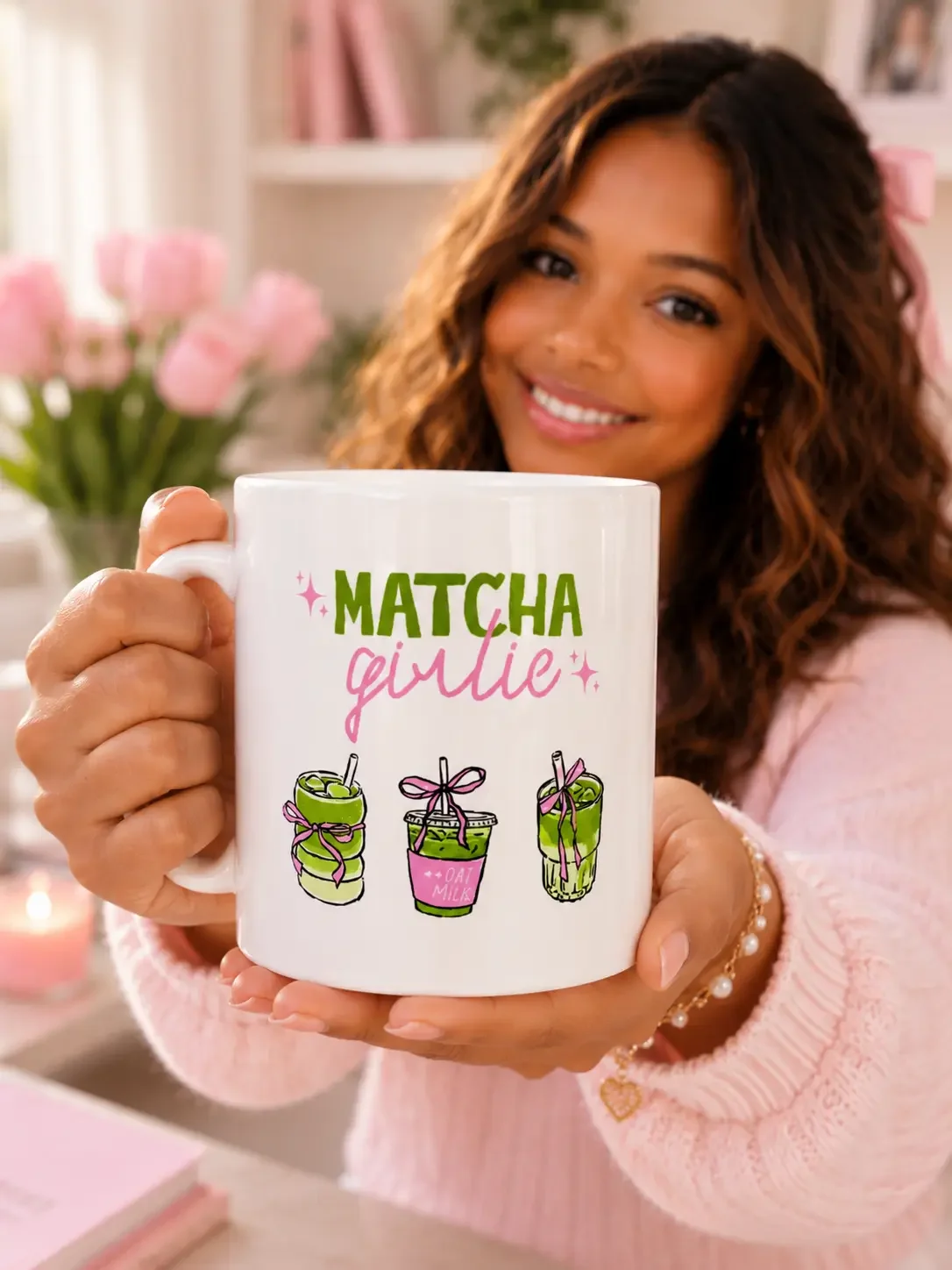 Close up of a smiling woman holding a white Matcha Girlie ceramic mug with illustration details forward.