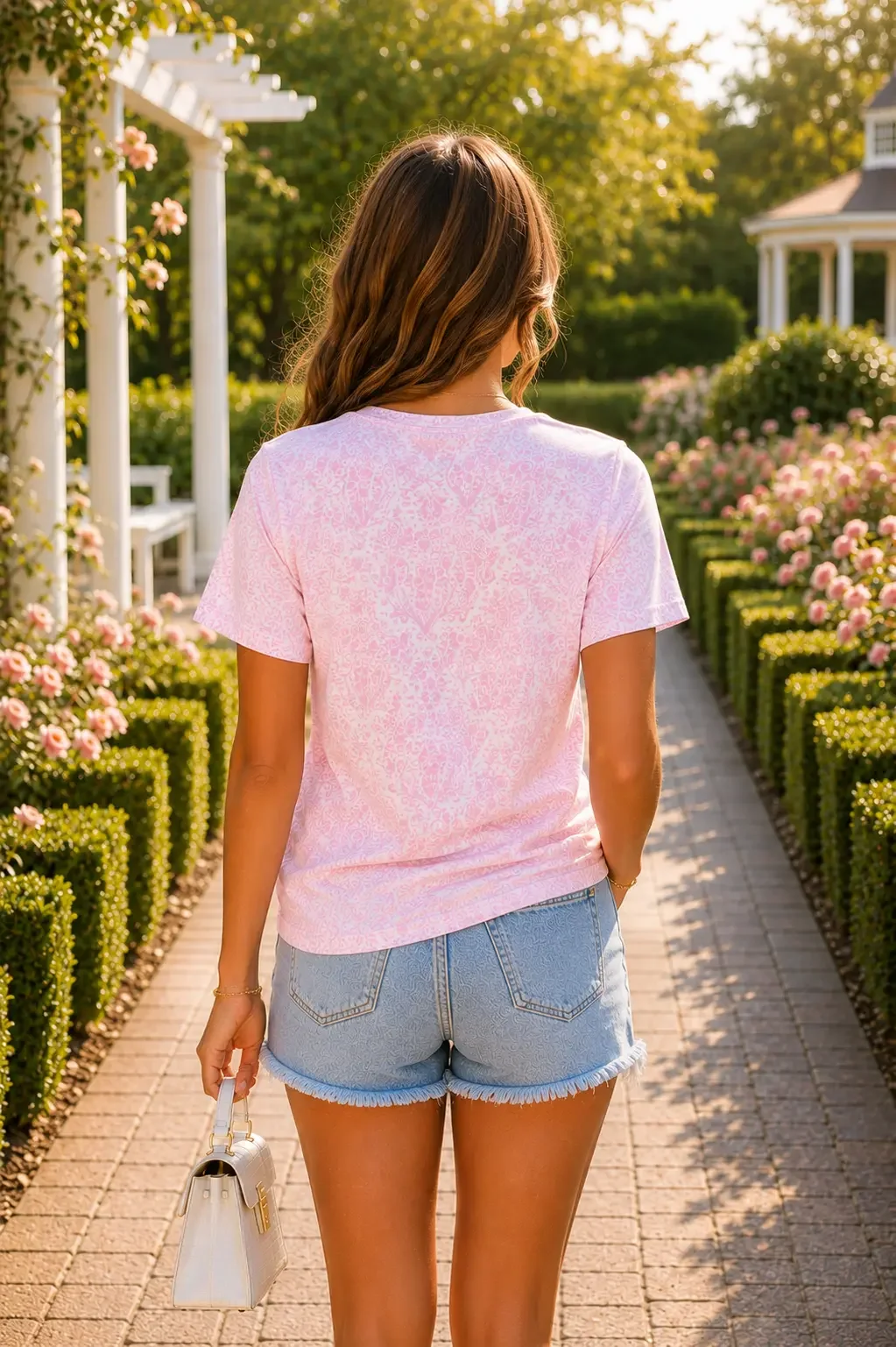 Back view of a woman walking on a garden path wearing a pink patterned damask t-shirt and denim shorts.