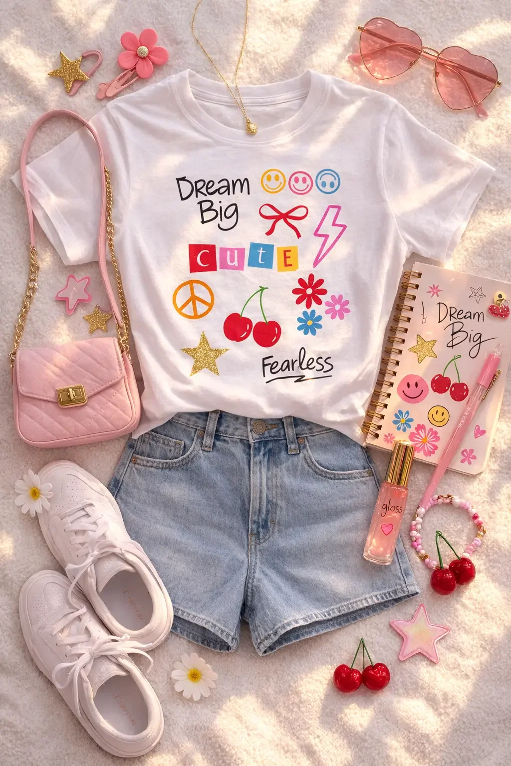 Flat lay of a white "Dream Big" doodle tee and denim shorts styled with a pink purse, sneakers, matching notebook, and preppy accessories.