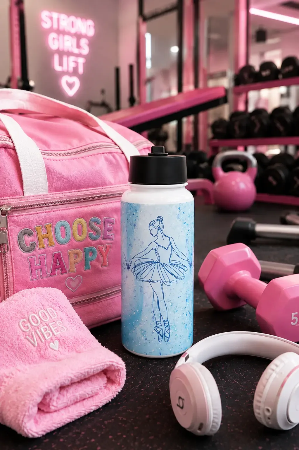 A blue ballerina sketch water bottle sits in a pink gym among a pink sports bag, dumbbells, and white headphones.