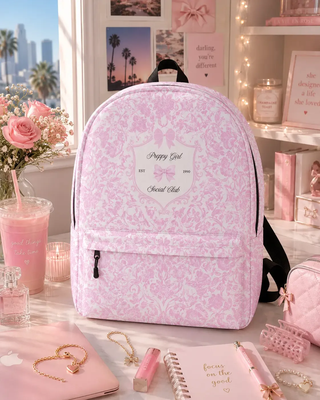 preppy-girl-social-club-pink-damask-backpack-desk-decor.webp