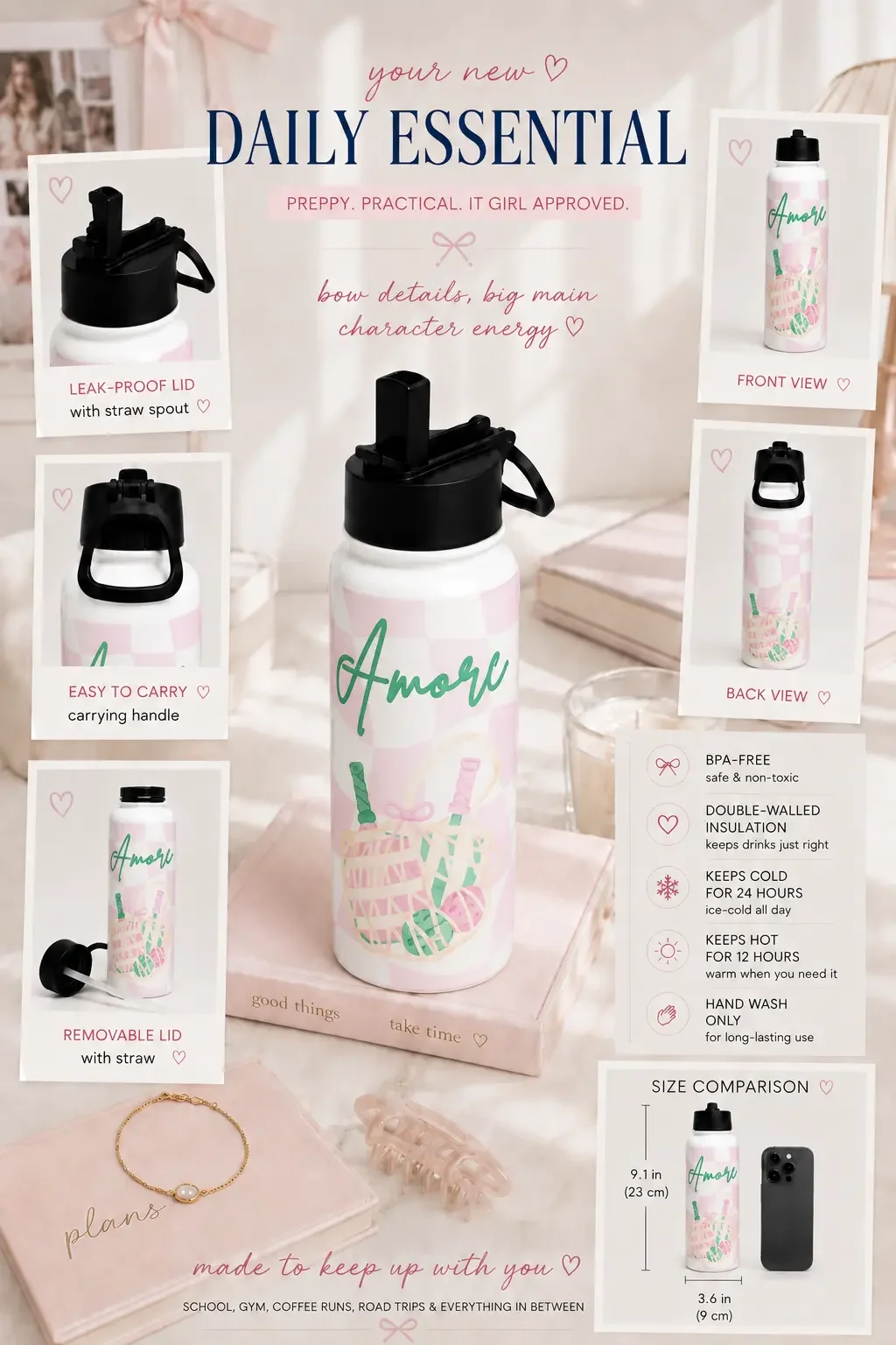 Product info chart showing dimensions, front and back views, lid options, and features of a pink Amore tumbler.