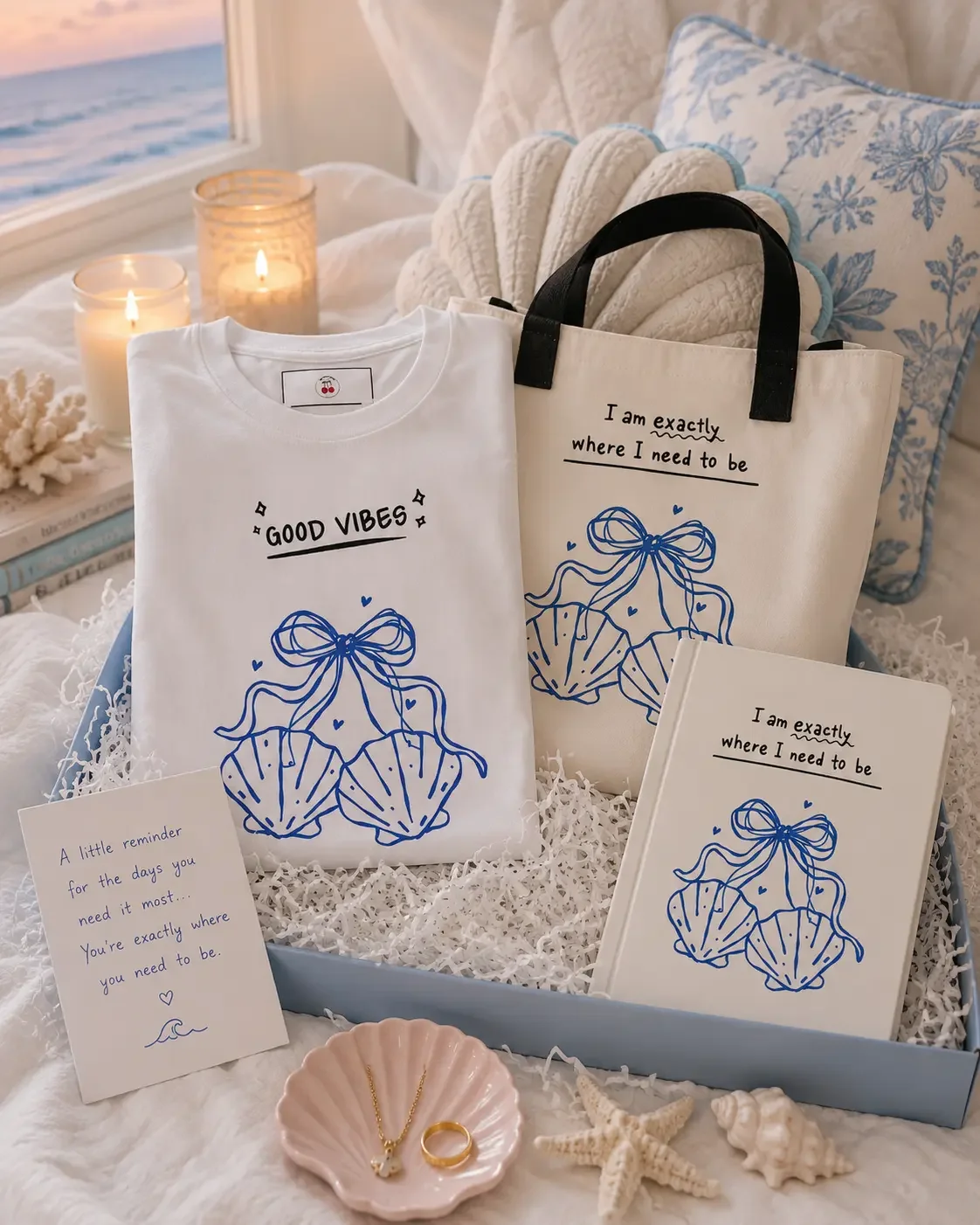 Open blue gift box containing a folded white graphic t-shirt, matching canvas tote bag, a hardcover journal, and a note card with a cozy coastal background. (Copy)