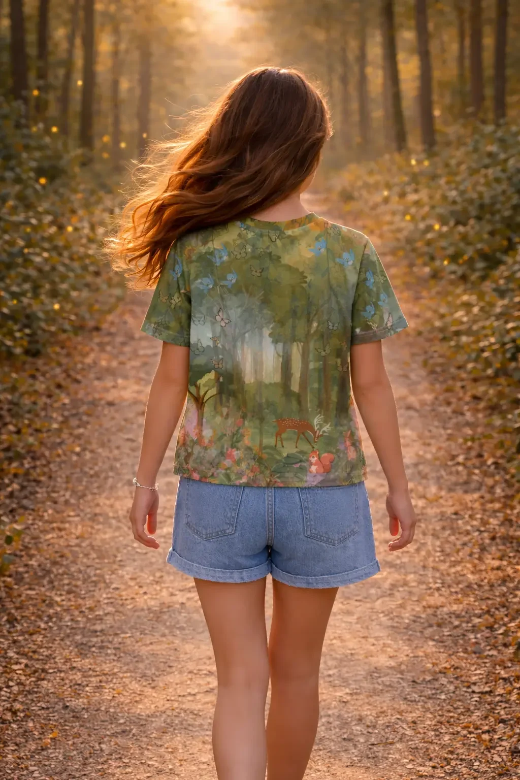 Back view of a teenage girl walking down a sunlit forest trail wearing a green fairytale forest print t-shirt and denim shorts.