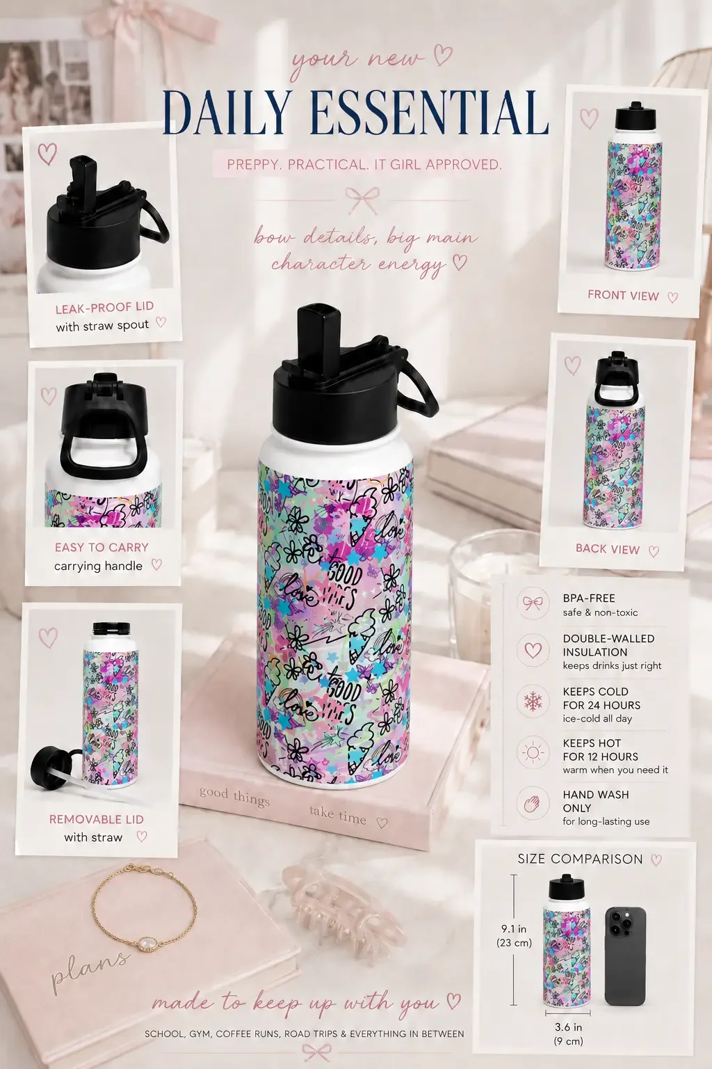 Product chart showing dimensions, front and back views, handle details, and a leakproof lid for a doodle print bottle.
