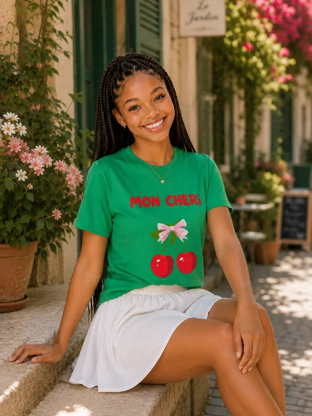 smiling-woman-sitting-green-cherry-tshirt-white-skirt.webp
