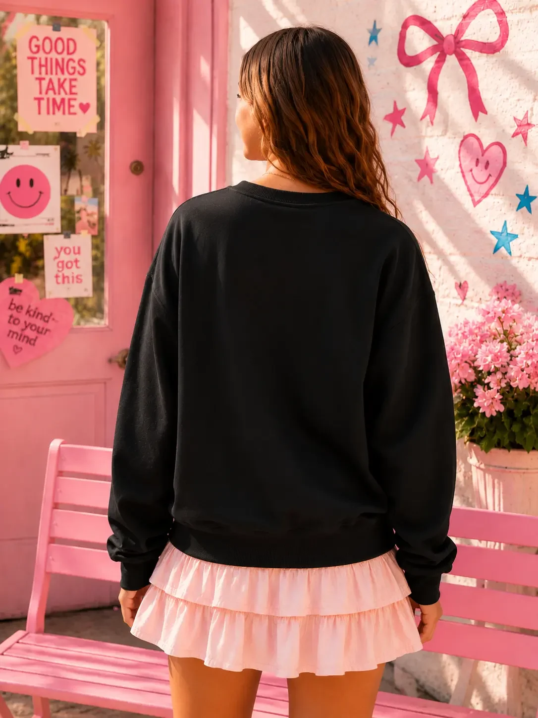 Rear view of a woman with wavy brown hair wearing an oversized black crewneck sweatshirt and a light pink tiered ruffle mini skirt.