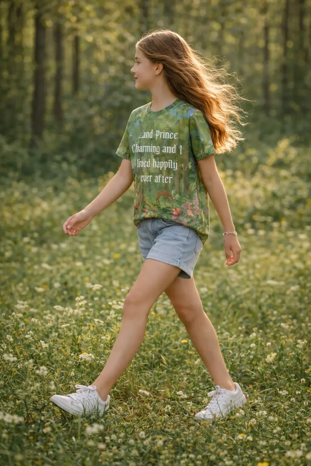 Side view action shot of a young girl walking through a sunny field of white wildflowers wearing a green fairytale forest graphic tee, denim shorts, and white sneakers.