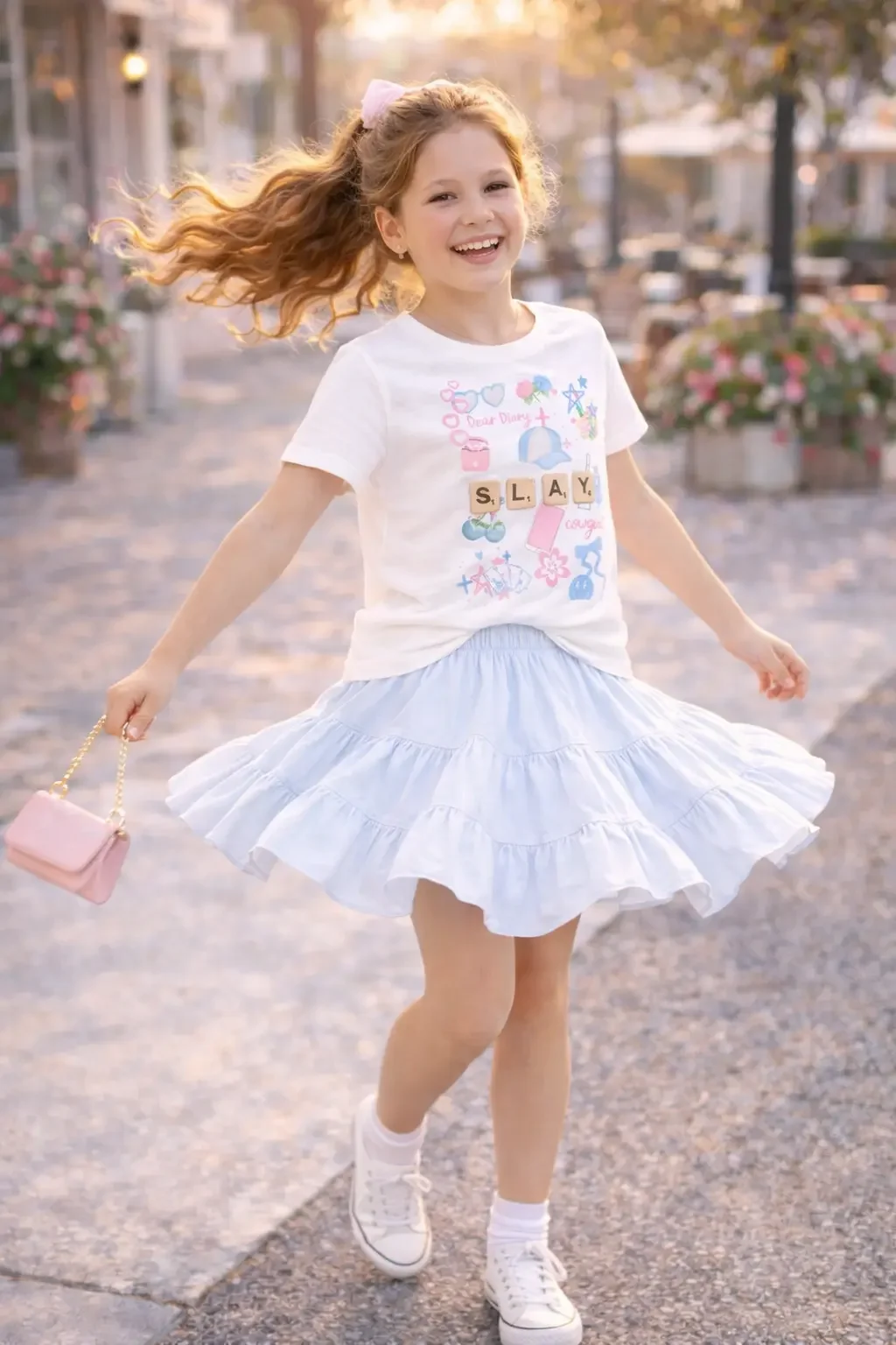 Action shot of a smiling young girl spinning and twirling outdoors wearing a white "SLAY" doodle icon graphic tee, a light blue ruffled tiered skort, and white sneakers.