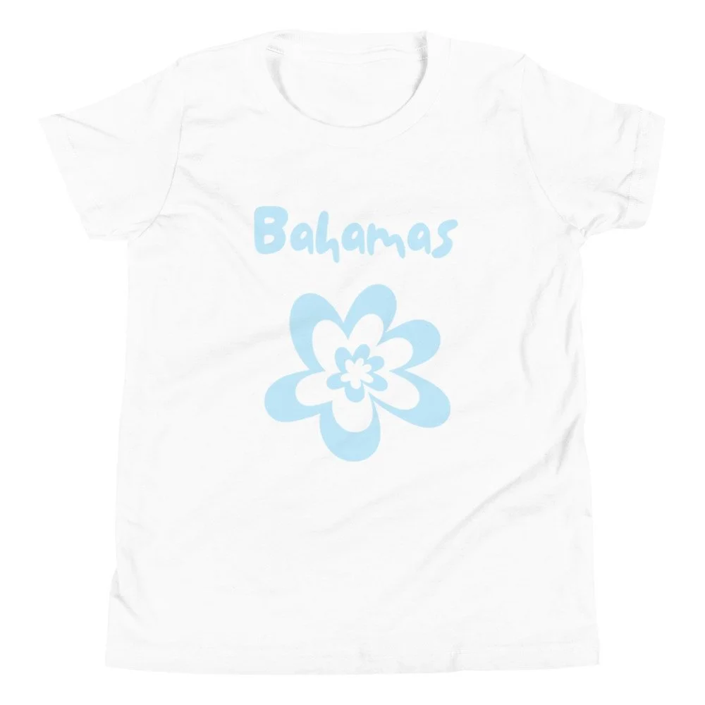 White Bahamas flower graphic t-shirt for girls with light blue floral design.