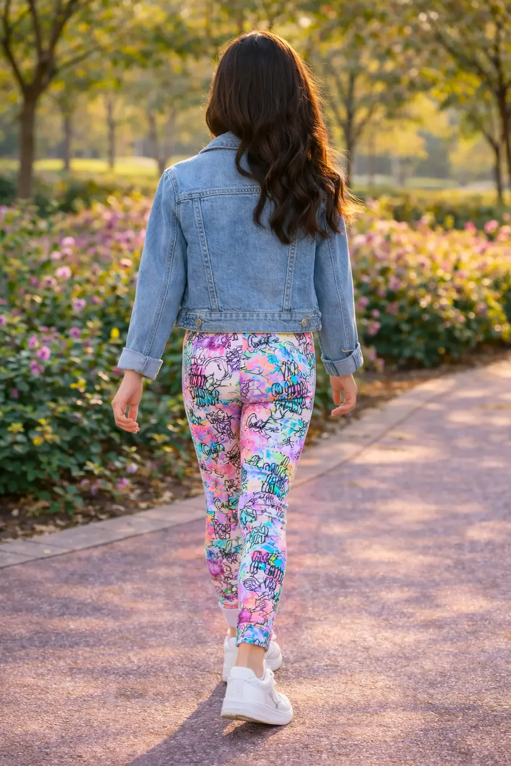 Rear view of girls full-length activewear leggings featuring a colorful doodle and graffiti pattern, styled with a denim jacket and white sneakers.