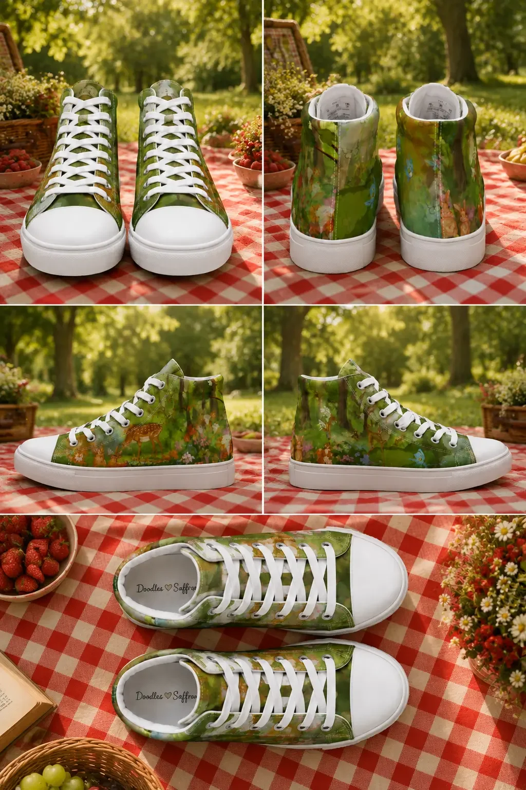 A multi-angle grid collage showcasing green forest woodland print high-top canvas sneakers from five different picnic perspectives.
