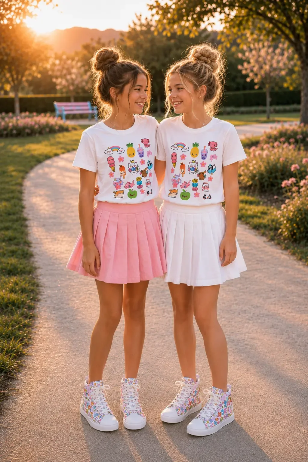 Two teenage girls smiling on a park path wearing matching white kawaii doodle t-shirts, pleated skirts, and printed sneakers.