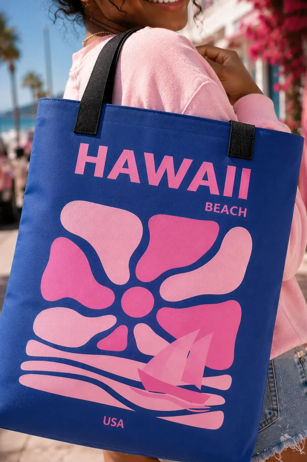 Close-up shot of a model carrying a blue tote bag with a pink retro abstract graphic of a sun, waves, and a sailboat under the words "HAWAII BEACH".