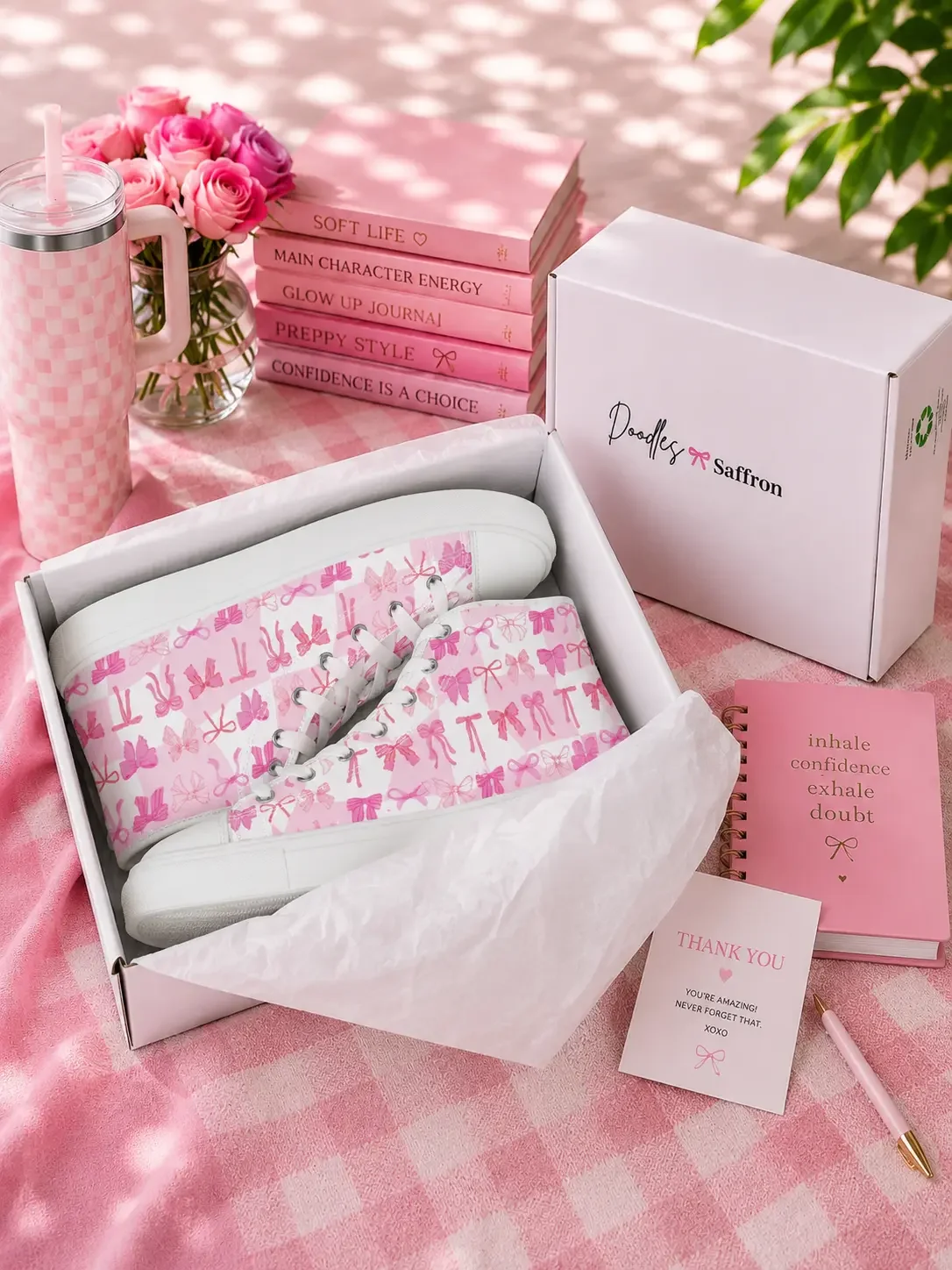 Pink bow-patterned canvas sneakers in a product box next to matching pink books, a tumbler, and a thank you card. (Copy)