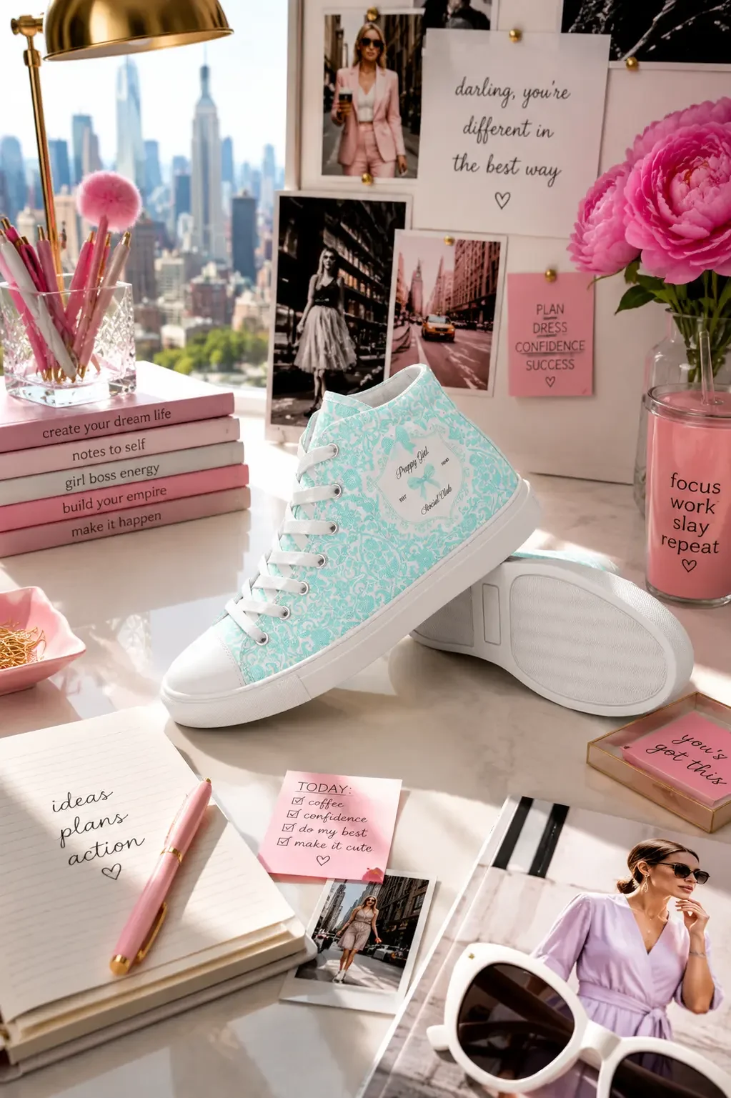 Mint green lace print high-top canvas sneakers displayed on a white office desk next to notebooks, pink peonies, and motivational notes.