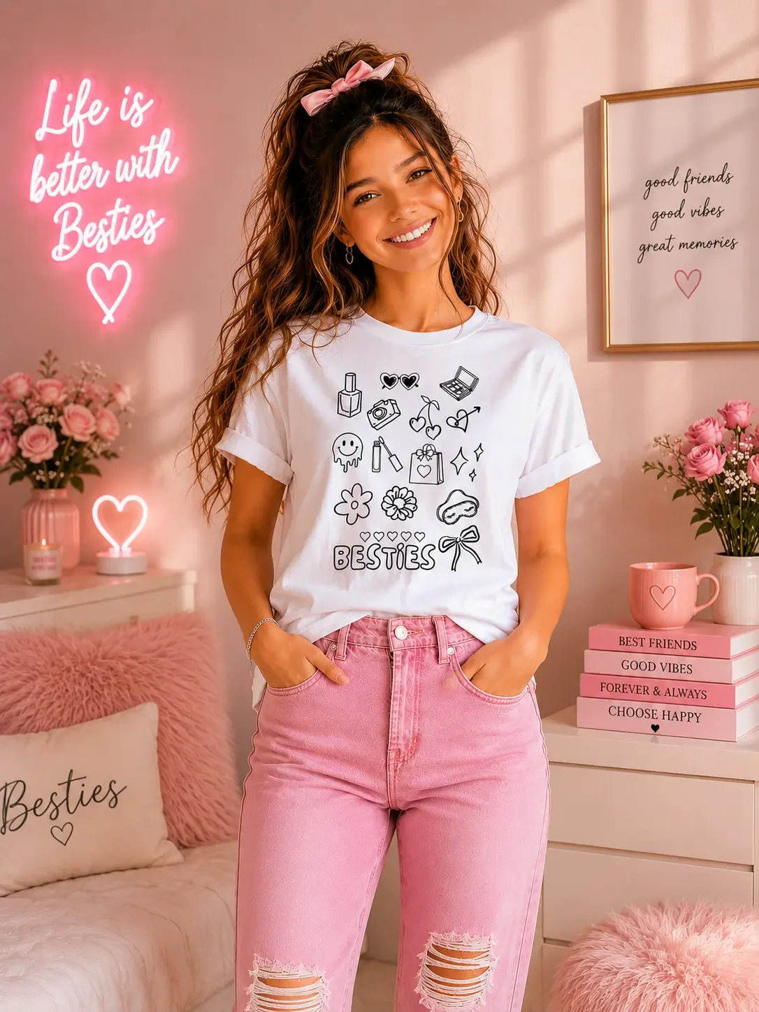 Smiling woman wearing a customizable color-your-own Besties t-shirt in a pink coquette style bedroom.