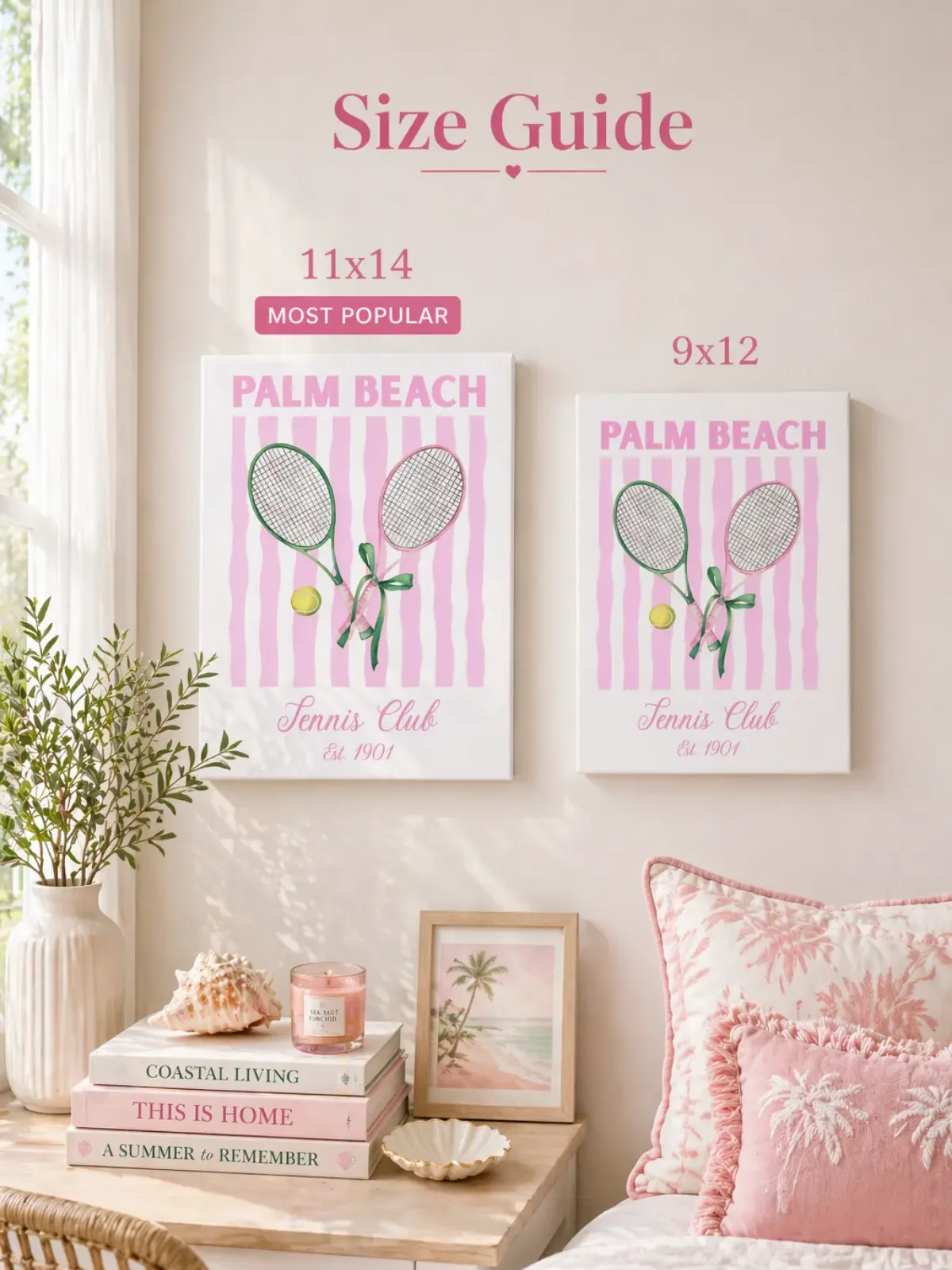 Size guide for Doodles and Saffron comparing 11x14 and 9x12 inch Palm Beach tennis canvas prints hanging on a soft cream wall.