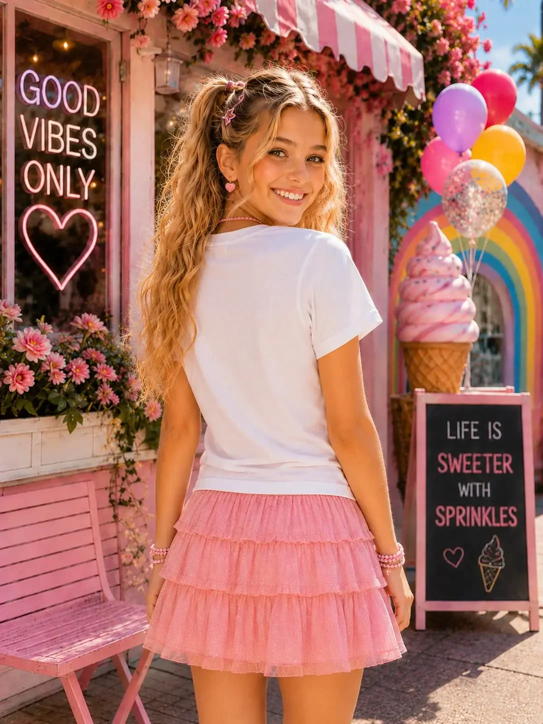 Back view of a white t-shirt and pink tiered ruffle skirt on a girl with long wavy blonde hair in pigtails.