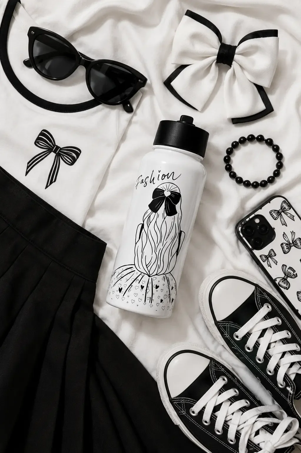 Flat lay of a fashion graphic water bottle, bow t-shirt, black pleated skirt, sneakers, and matching accessories.