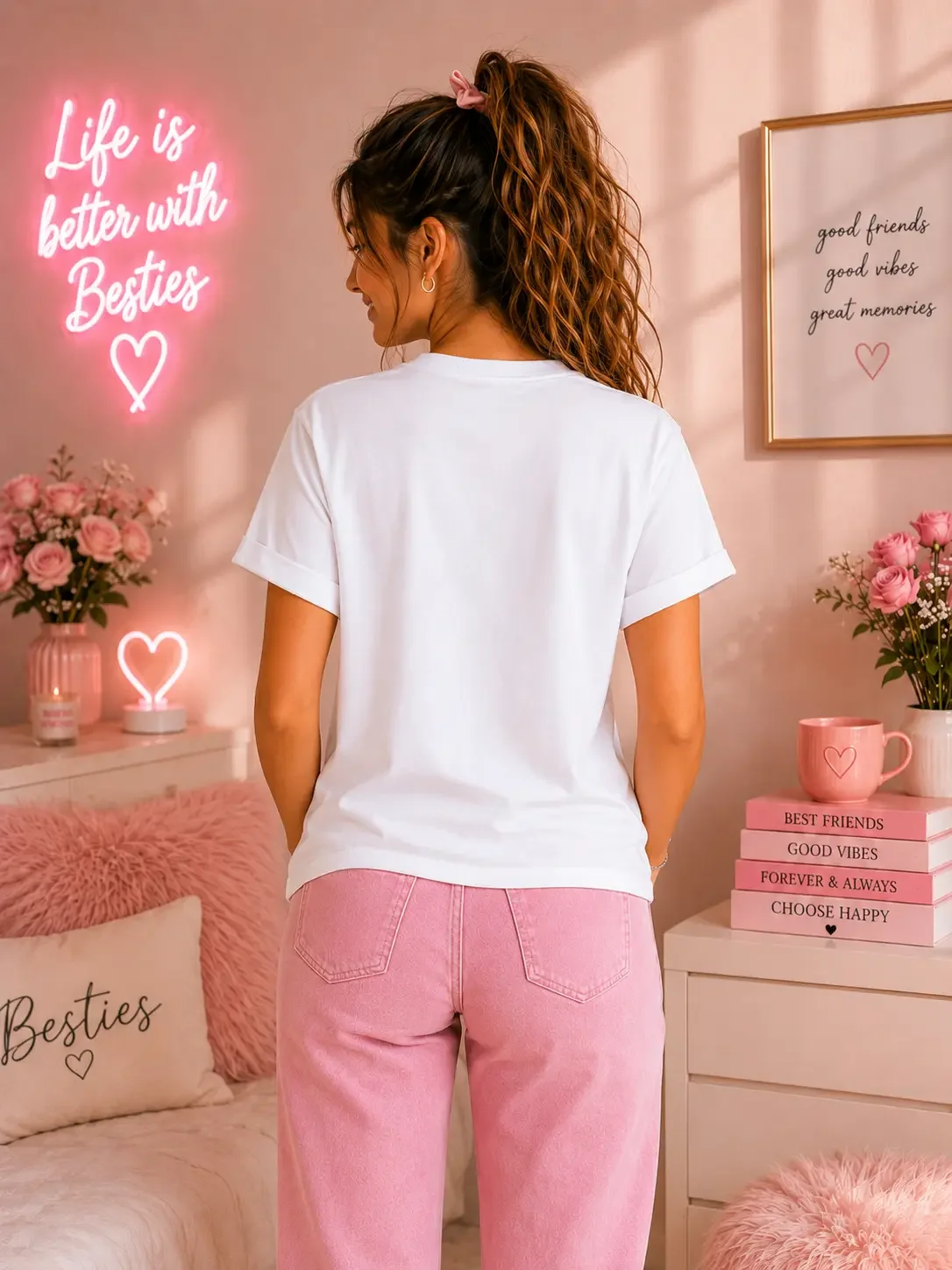 Rear view of a woman wearing a white short-sleeve t-shirt with rolled cuffs and pink preppy denim jeans.