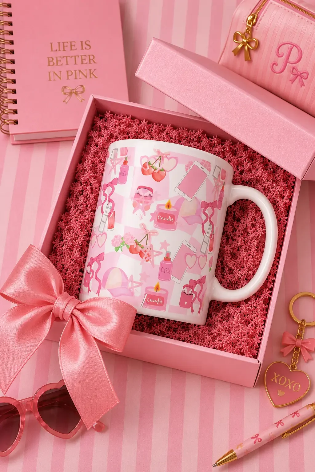 Pink patterned mug inside a matching gift box with a satin bow, surrounded by a pink notebook and stationary items.