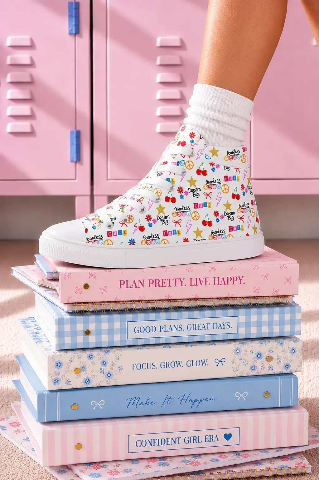 A person wearing a white doodle print high-top sneaker stepping on a stack of colorful pastel aesthetic notebooks.
