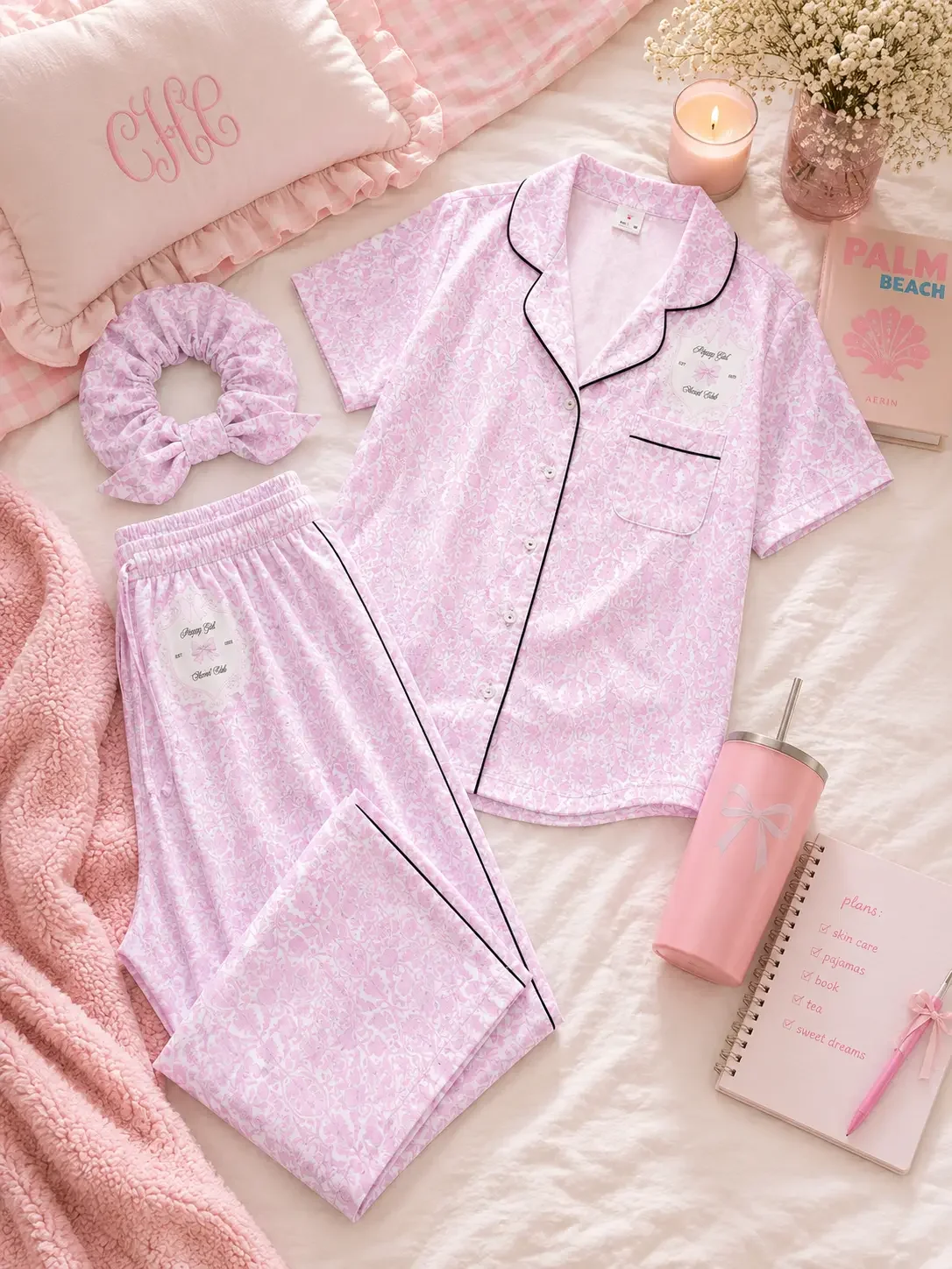 Flat lay display of a light pink patterned pajama shirt and pants with black piping, matching scrunchie, bow tumbler, and a notebook on a bed.