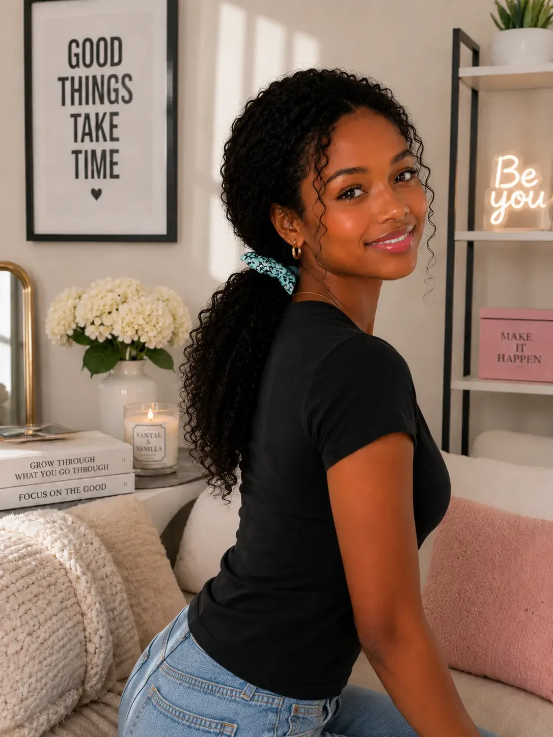 Profile of a smiling woman with long curly hair in a low ponytail secured by a mint green Y2K graffiti star bow scrunchie.