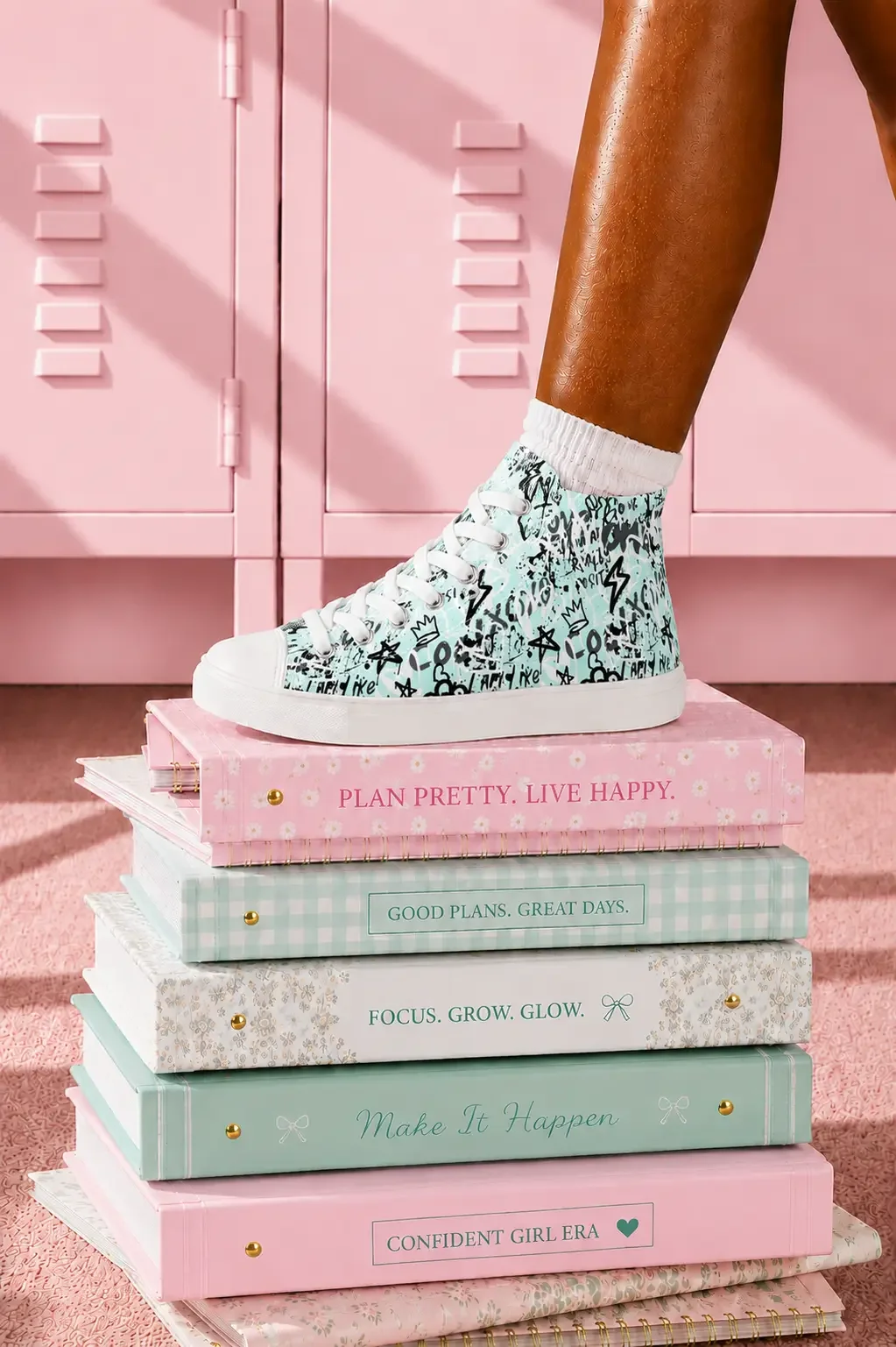 A person wearing a mint green graffiti print high-top canvas sneaker stepping on a stack of colorful pastel aesthetic binders.