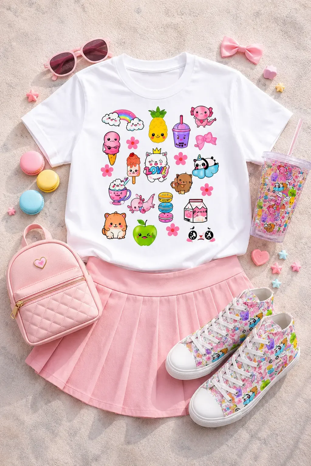Flat lay of a white kawaii doodle graphic tee and pink pleated skirt styled with a mini backpack, printed sneakers, and matching accessories.