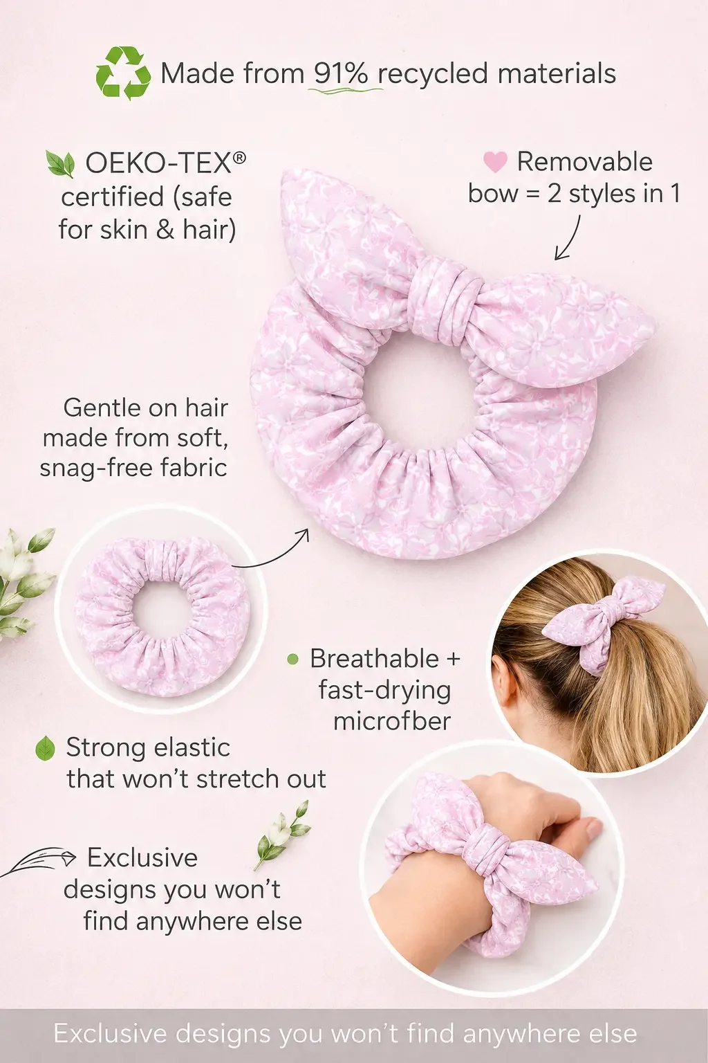 Sustainable pink floral bow scrunchie infographic highlighting OEKO-TEX certified, snag-free microfiber fabric.