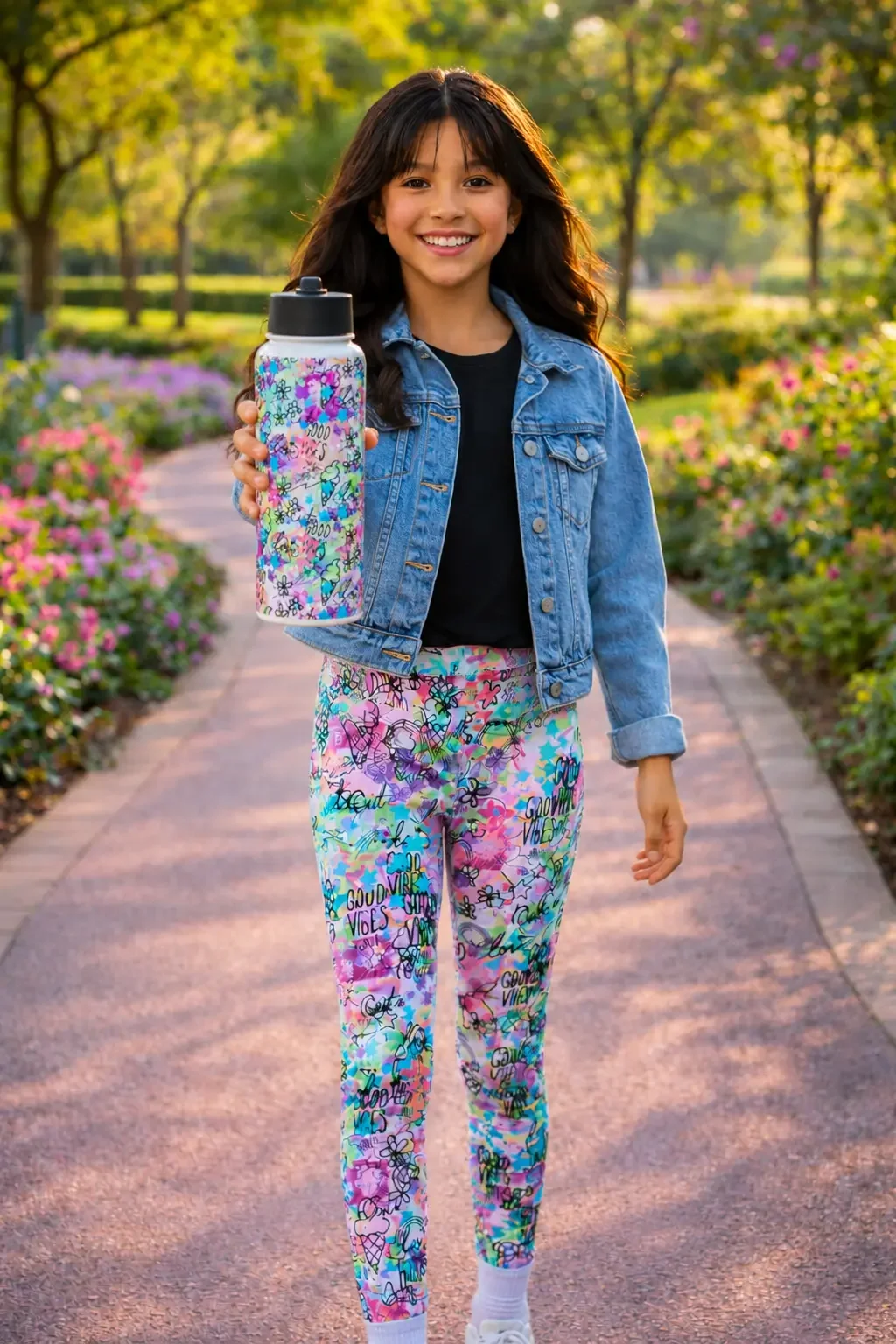 A smiling young girl walks down a park path wearing colorful doodle-patterned leggings and holding a matching water bottle.