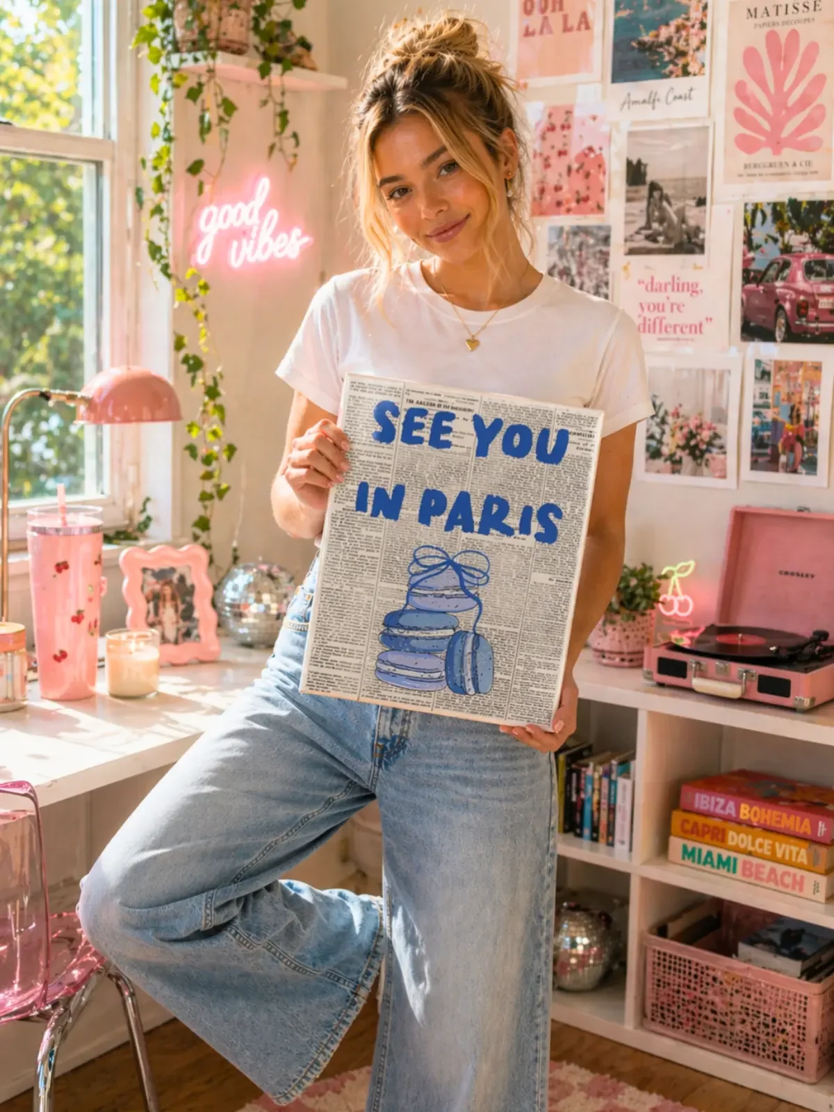 A smiling girl holds a See You In Paris newspaper canvas art print by Doodles and Saffron standing inside a decorated preppy dorm room.