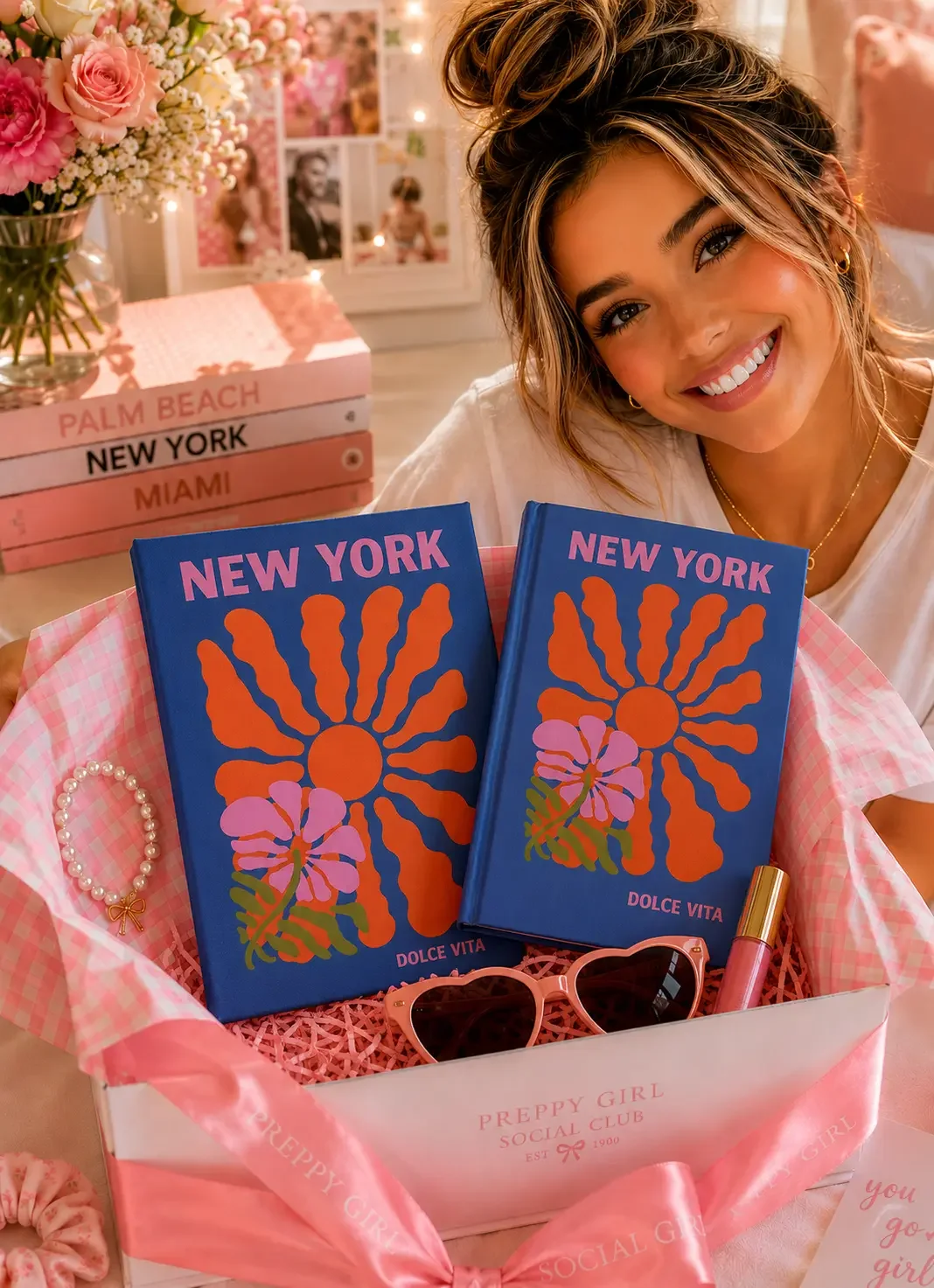 Smiling woman with a hair bun sitting behind a pink preppy gift box filled with blue New York Dolce Vita journals and matching sunglasses.